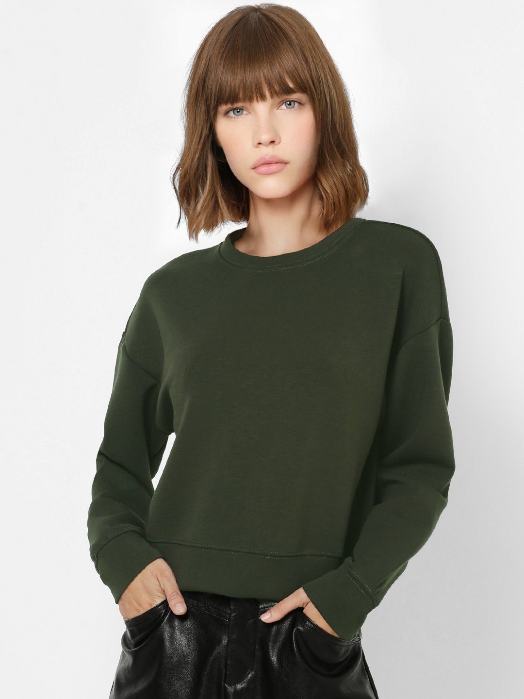

ONLY Women Olive Green Solid Sweatshirt