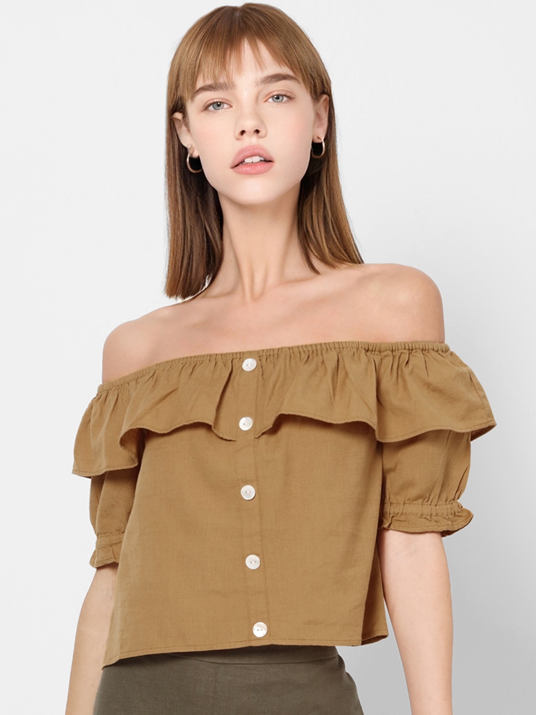 

ONLY Women Brown Solid Bardot Crop Top with Ruffle Detail
