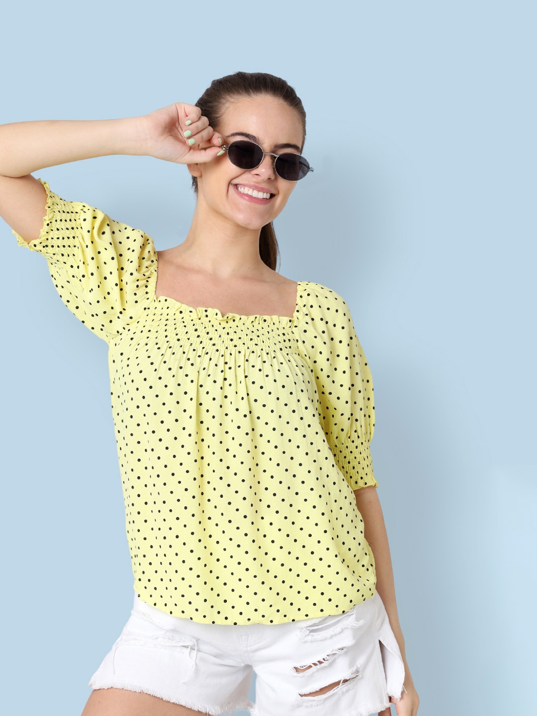 

ONLY Women Yellow & Black Polka Dot Printed Top with Smocking