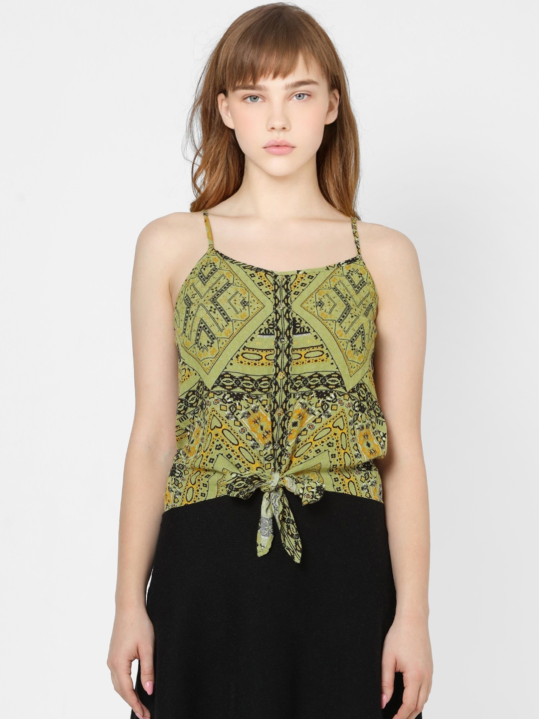 

ONLY Women Olive Green & Black Printed Regular Top with Waist Tie-Up Detail