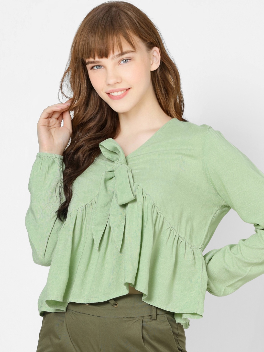 

ONLY Women Green Solid Gathered Boxy Top