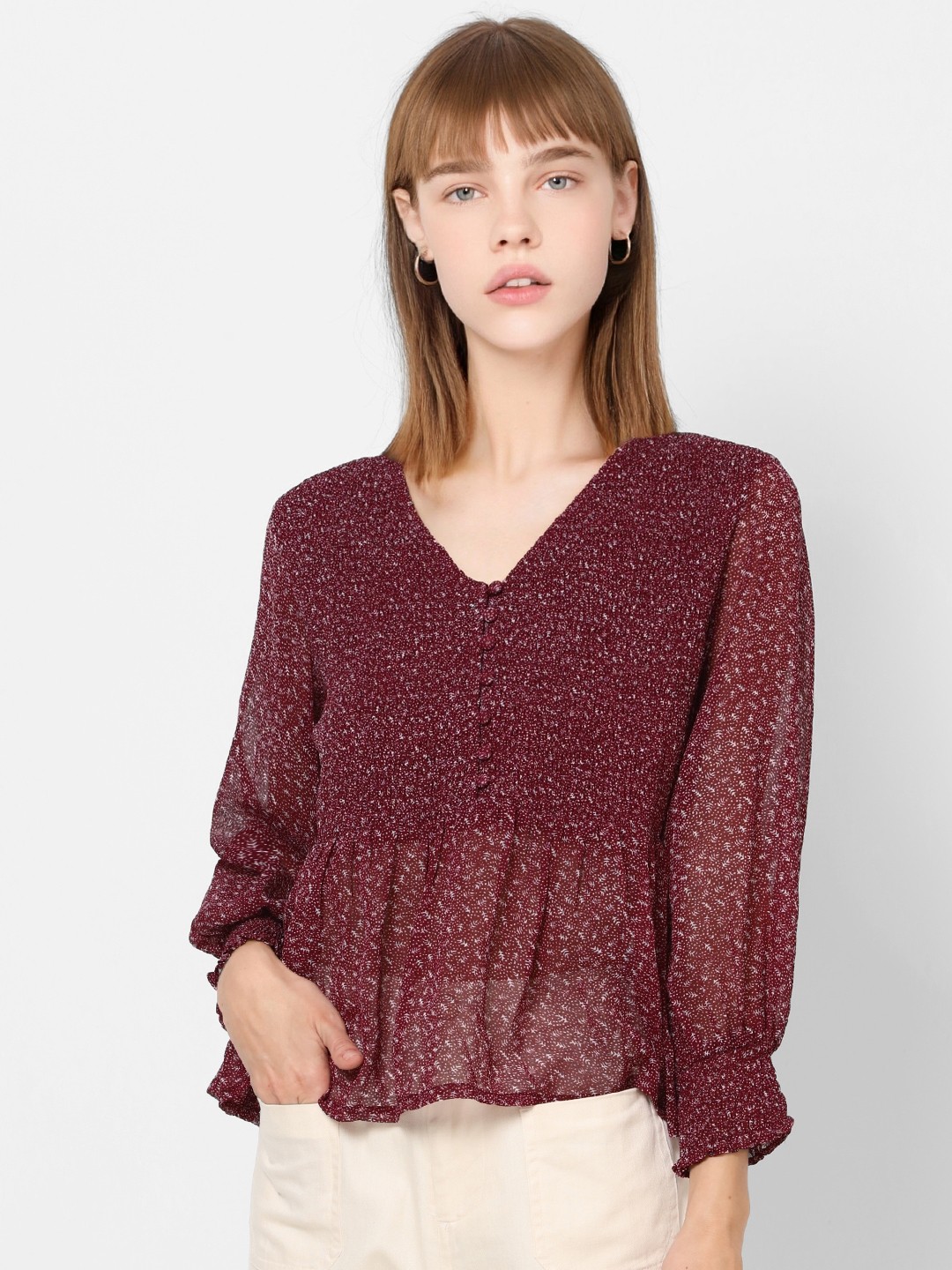 

ONLY Women Burgundy Ditsy Printed Sheer Top