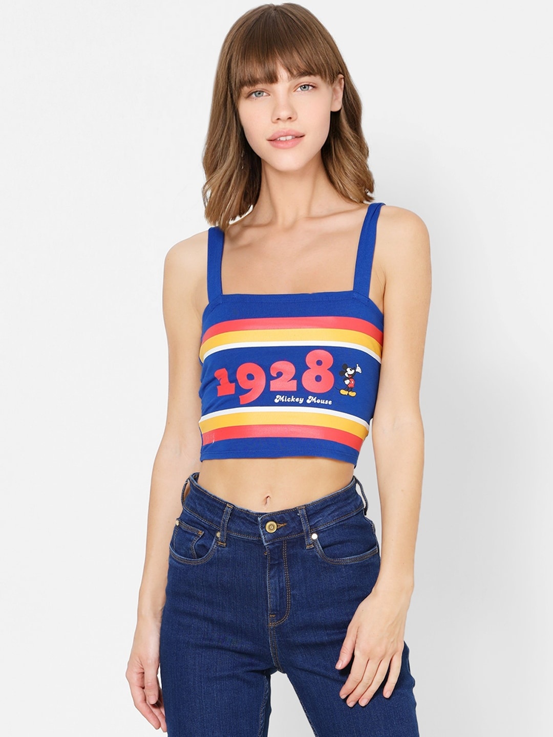 

ONLY Women Blue & Red Printed Fitted Crop Top with Smocking Detail