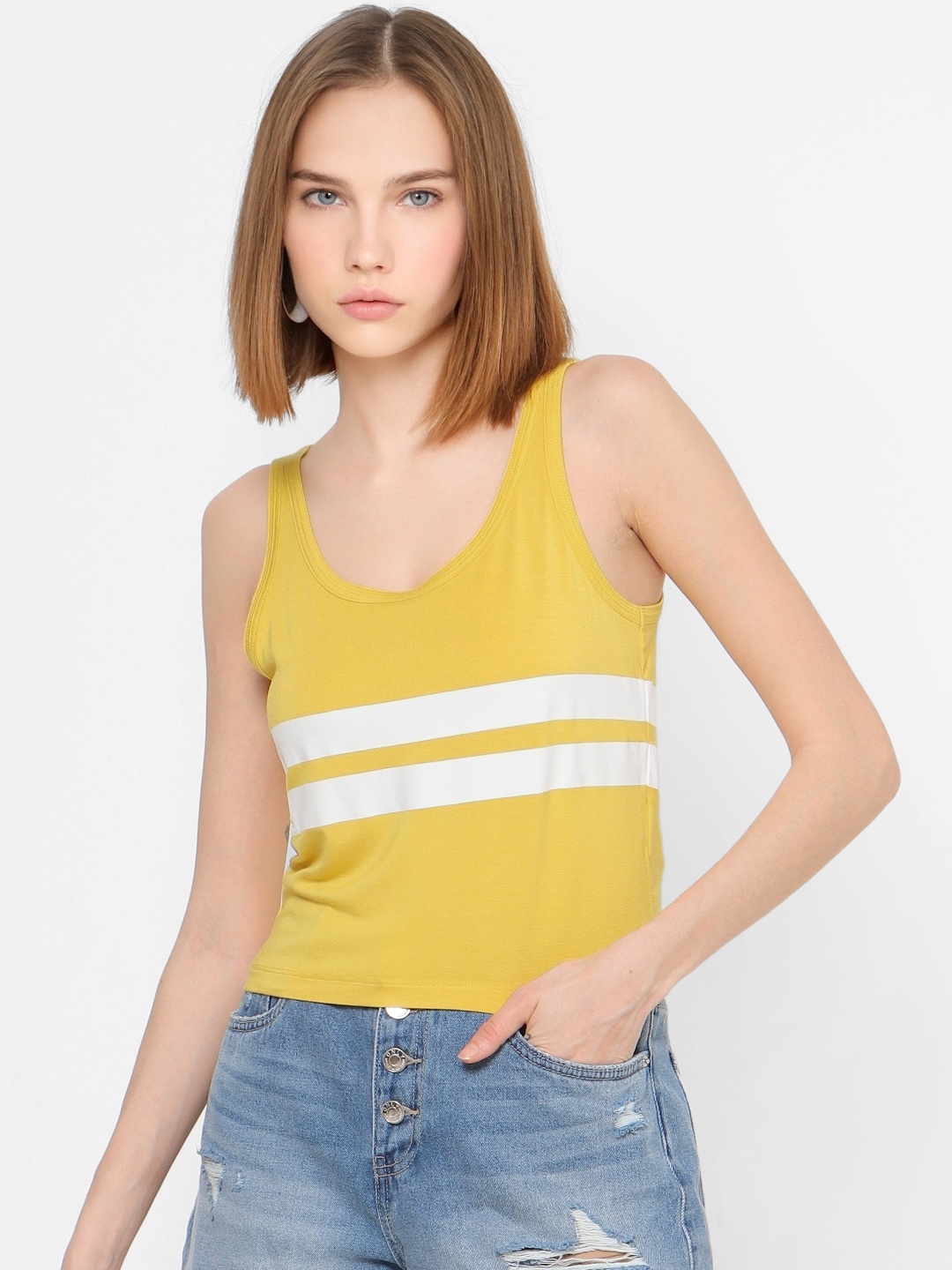 

ONLY Women Yellow & White Striped Tank Top