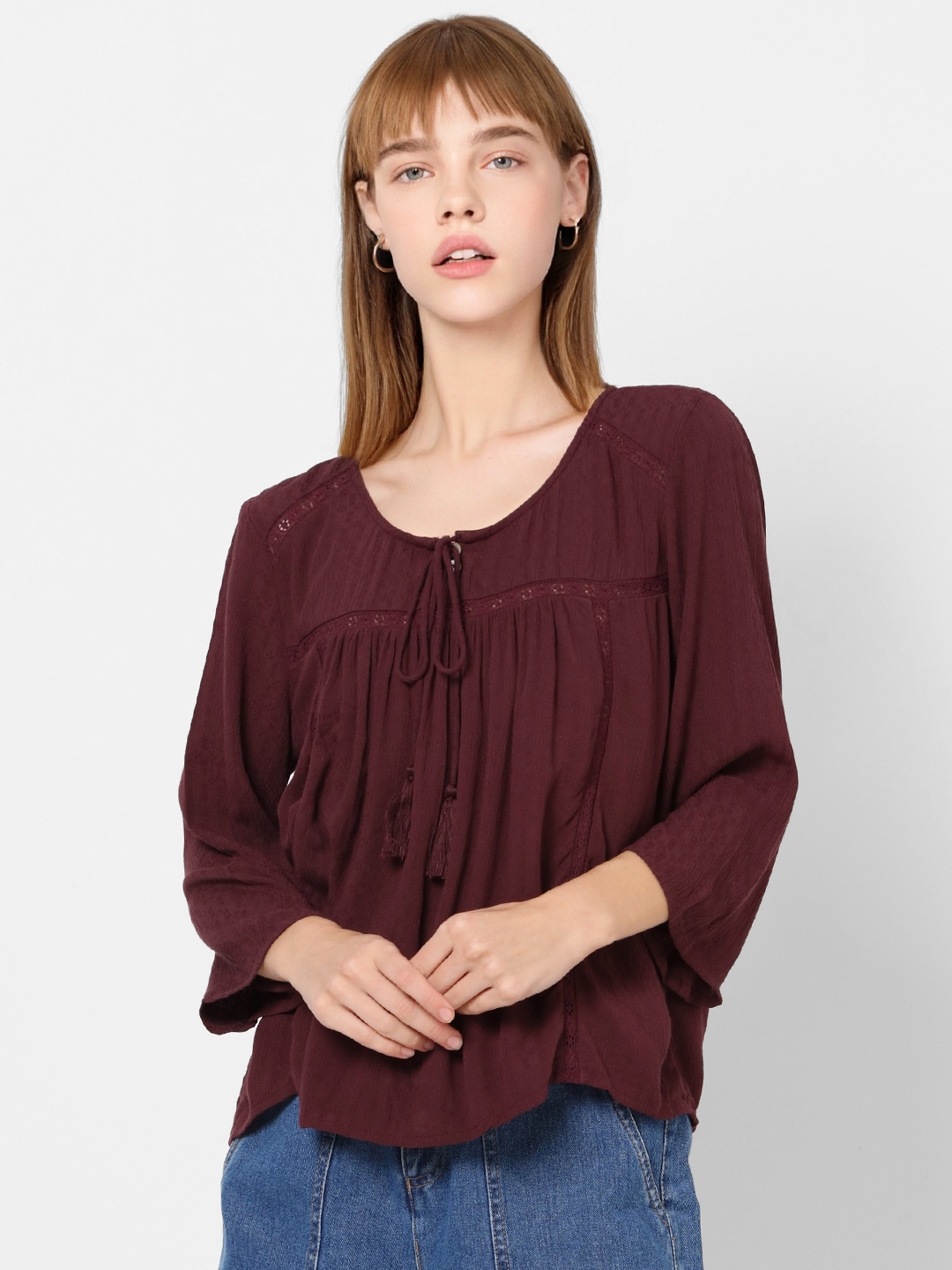 

ONLY Women Maroon Solid Pleated Top With Tie-Ups