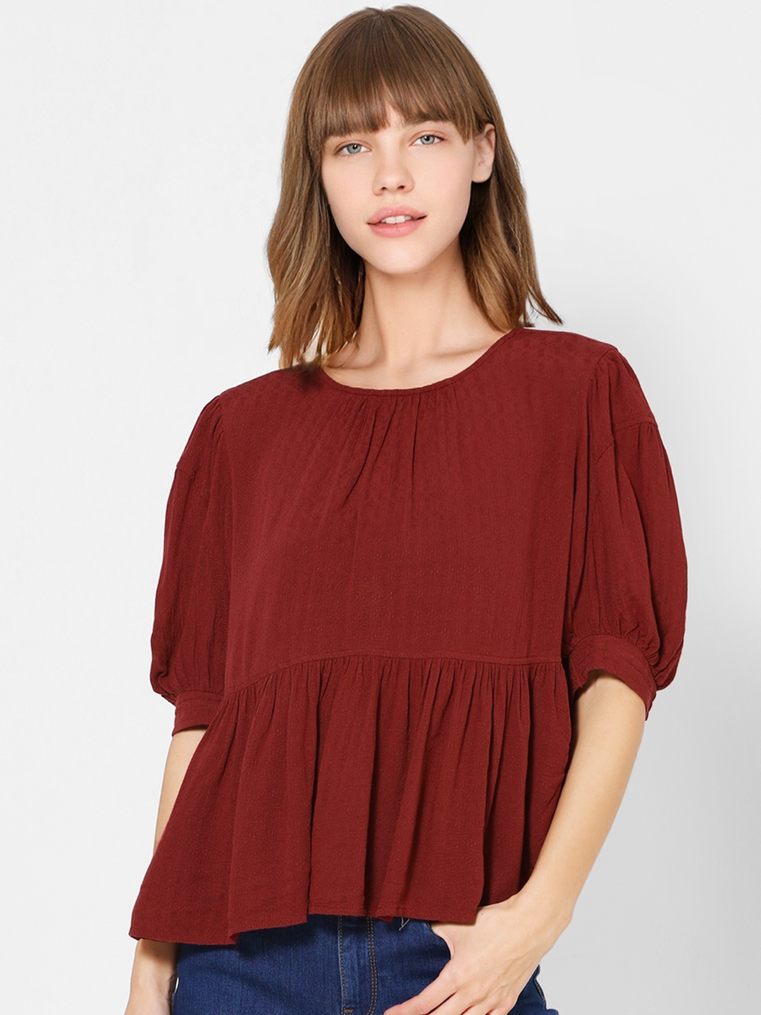 

ONLY Women Maroon Self Design Pleated A-Line Top