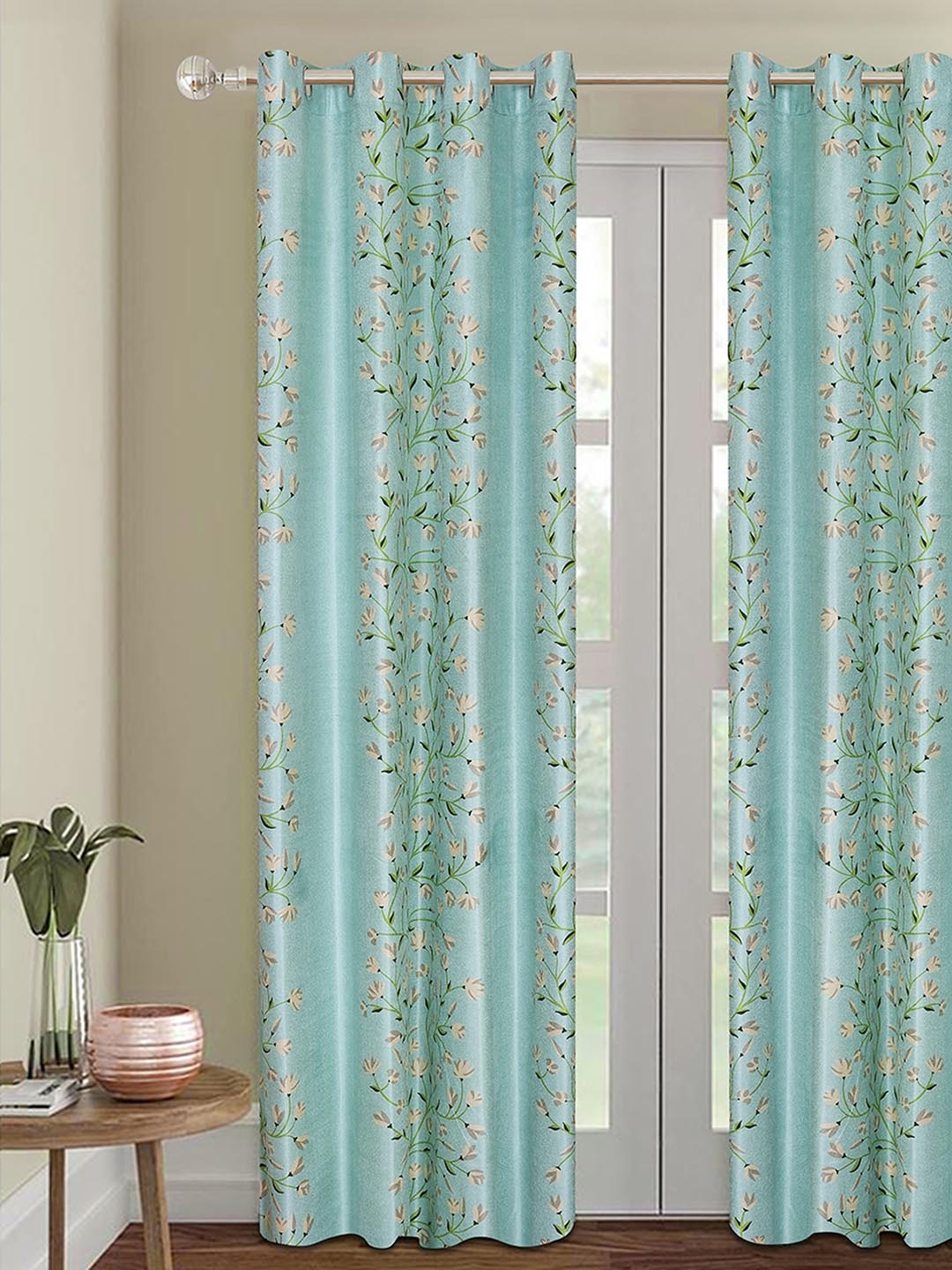 

ROMEE Blue & White Velvet Finish Floral Printed Room Darkening Door Curtain