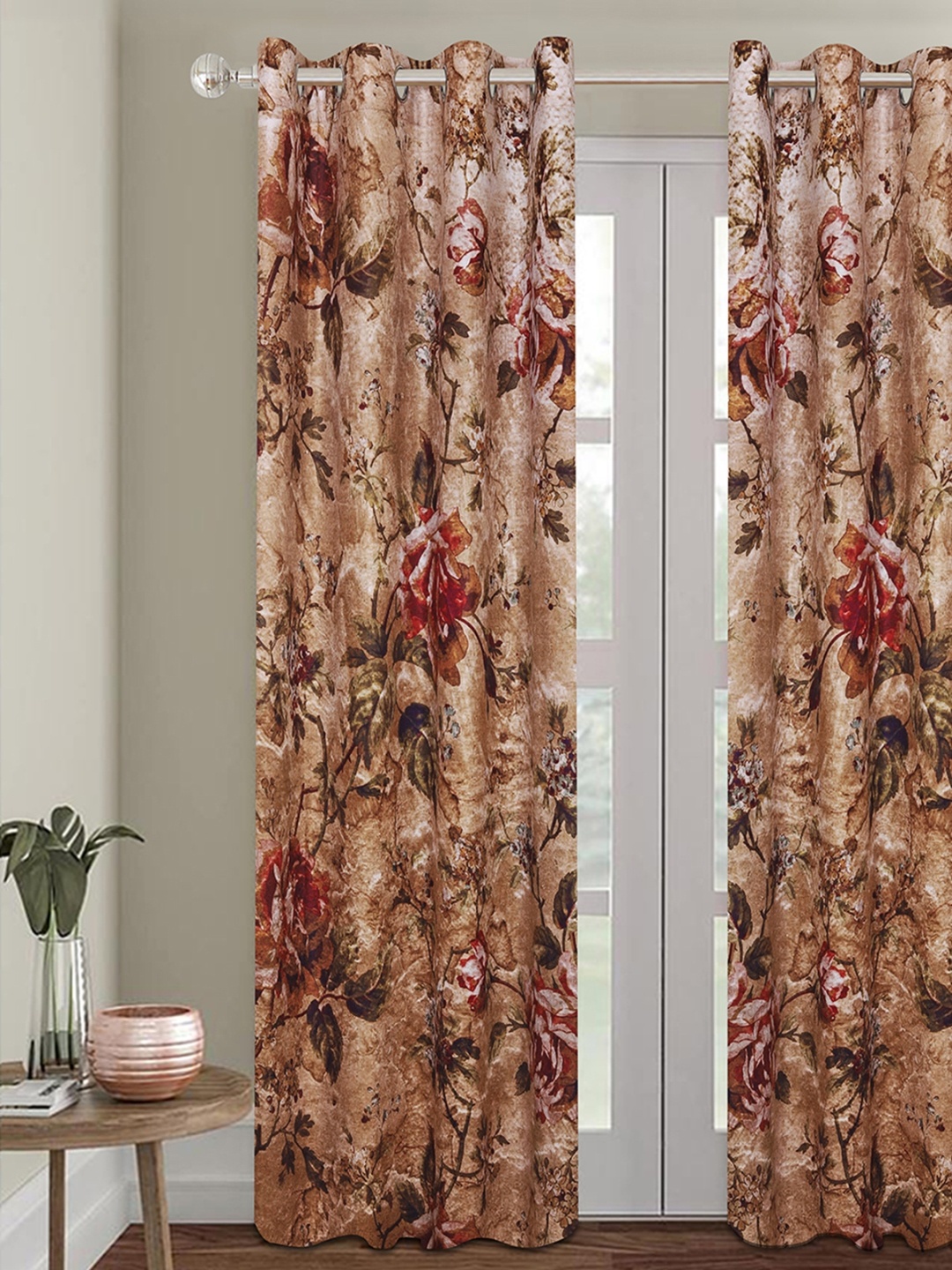 

ROMEE Beige & Brown Floral Printed Velvet Room Darkening Door Curtain