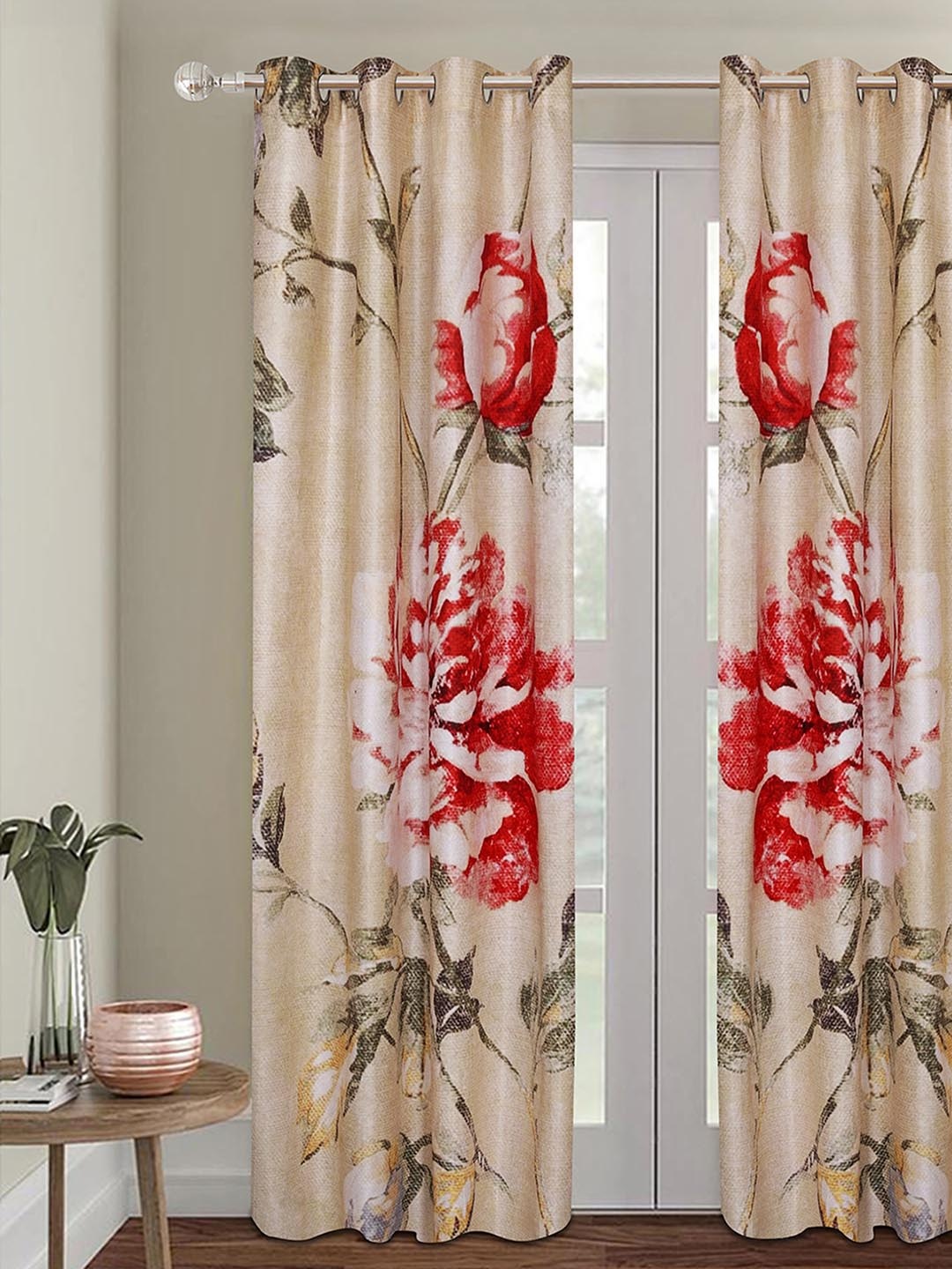 

ROMEE Beige & Pink Floral Printed Room Darkening Door Curtain