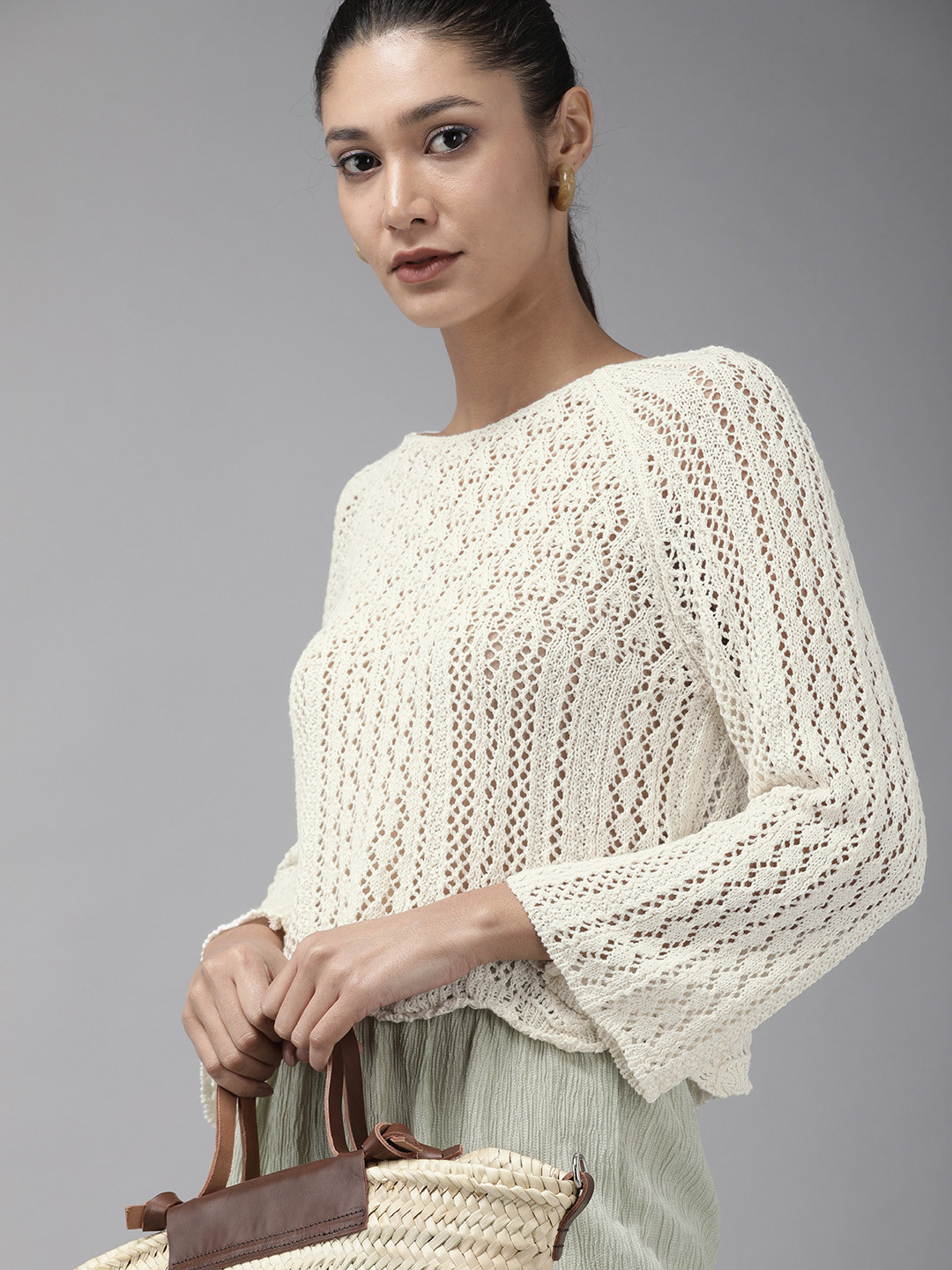 

ONLY Women White Open Knit Pullover