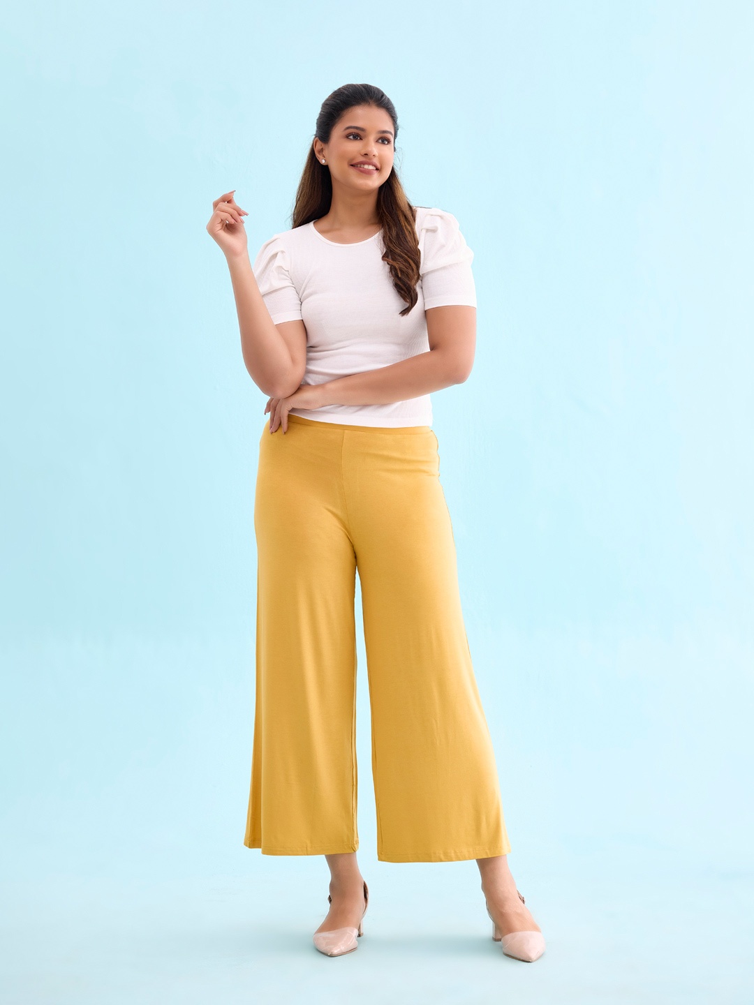 Go Colors Women Yellow Solid Wide Leg Palazzos