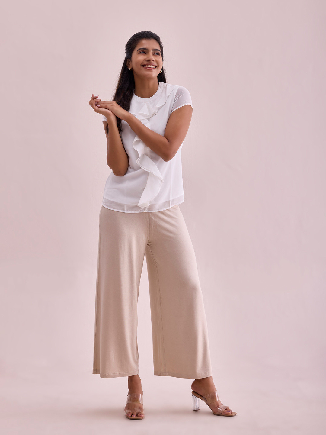 

Go Colors Women Beige Solid Wide Leg Palazzo