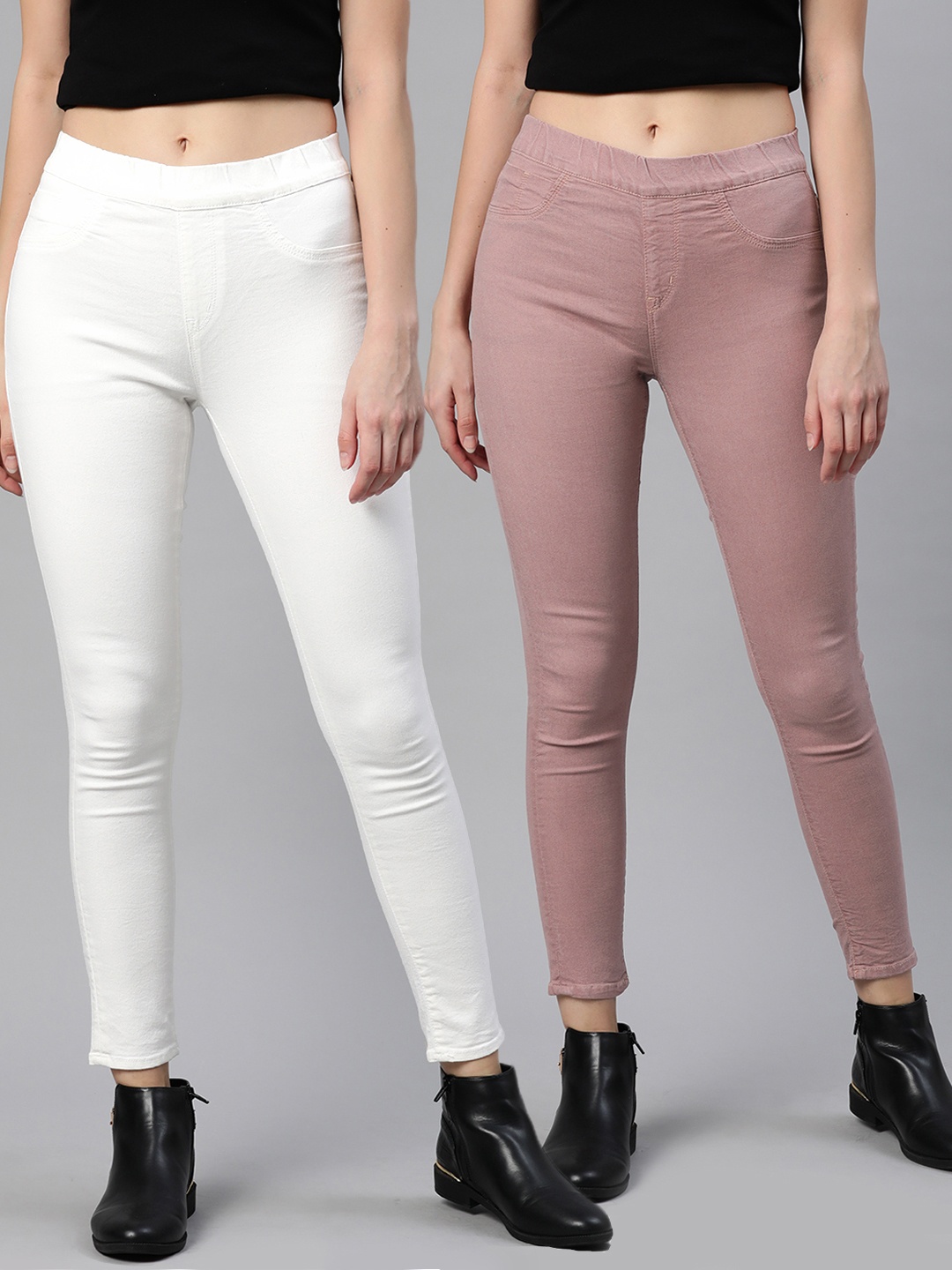 

The Roadster Lifestyle Co Women Pack Of 2 Solid Super Skinny Fit Knitted Cropped Jeggings, Pink