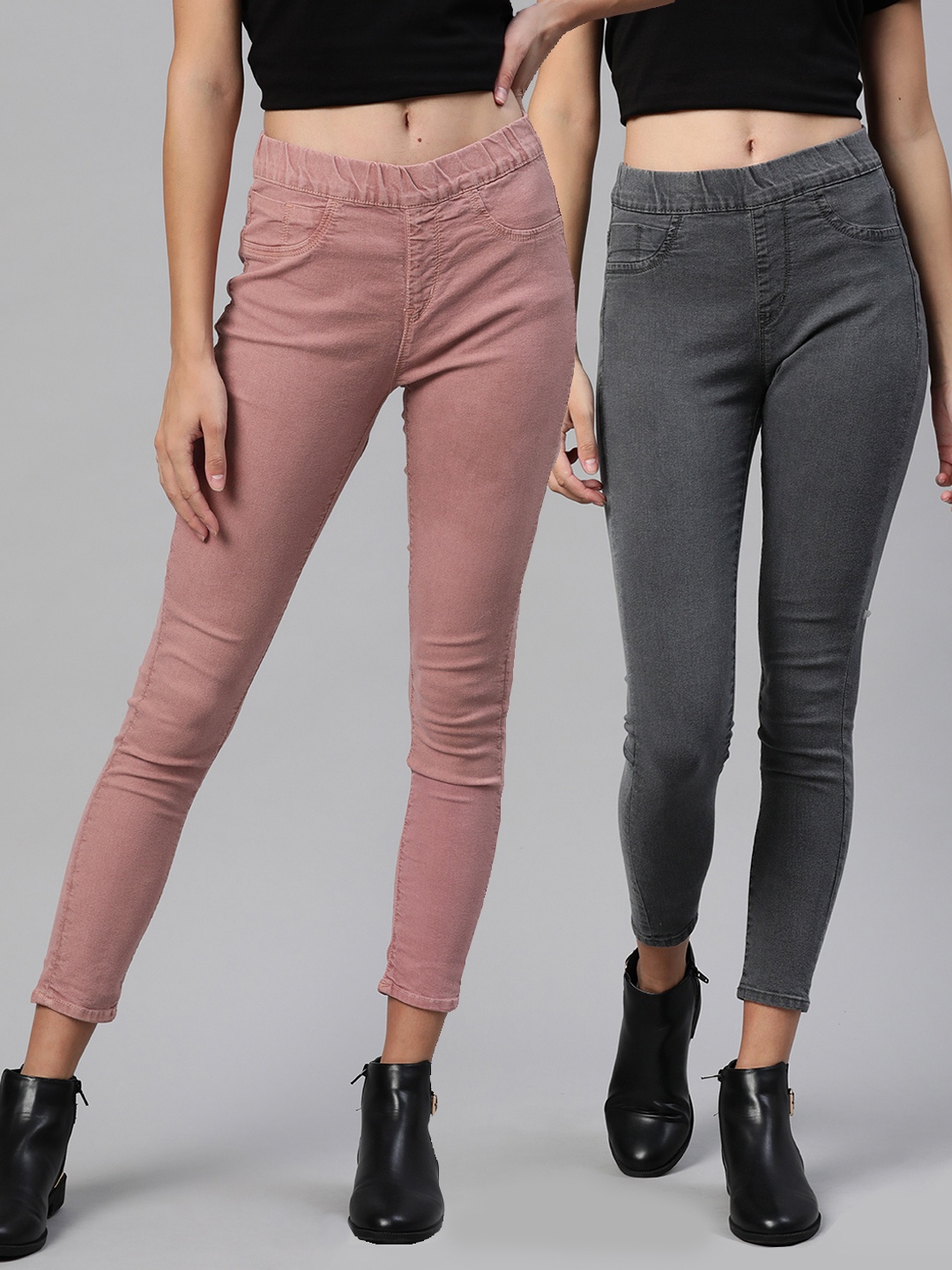 

The Roadster Lifestyle Co Women Pack Of 2 Solid Super Skinny Fit Knitted Cropped Jeggings, Pink