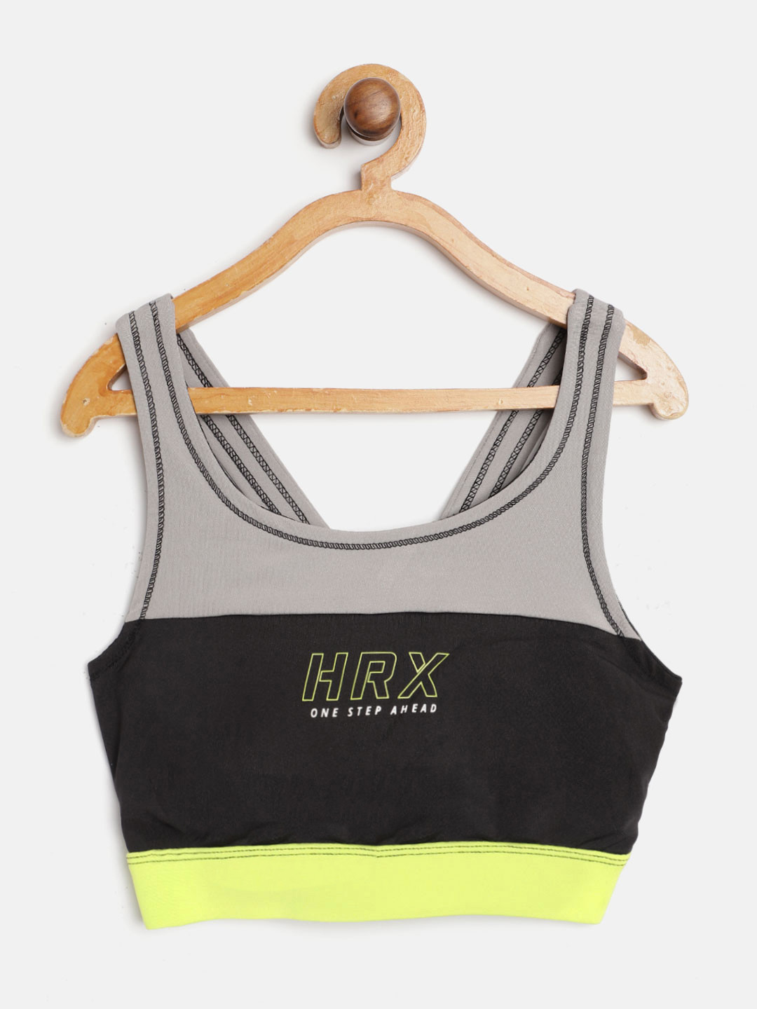 

HRX By Hrithik Roshan U-17 Girls Black, Confetti & Ultra Violet Colourblock Lycra Rapid-Dry Antimicrobial Active Sports Bra