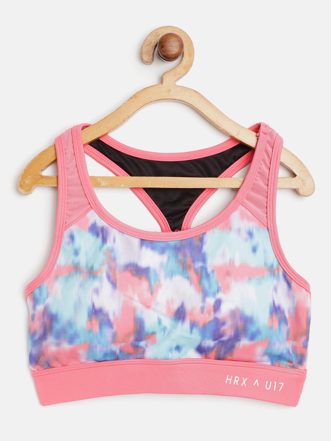 

HRX By Hrithik Roshan U-17 Girls Optic White & Confetti AOP Lycra Rapid-Dry Antimicrobial Active Sports Bra, Peach