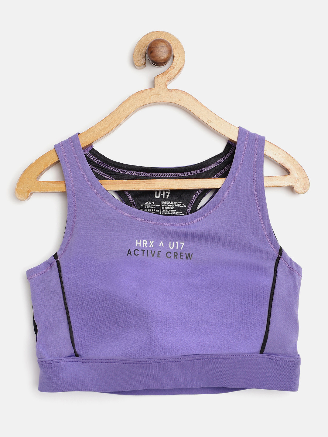 

HRX By Hrithik Roshan U-17 Girls Ultra Violet & Black Colourblock Lycra Rapid-Dry Antimicrobial Active Sports Bra, Purple