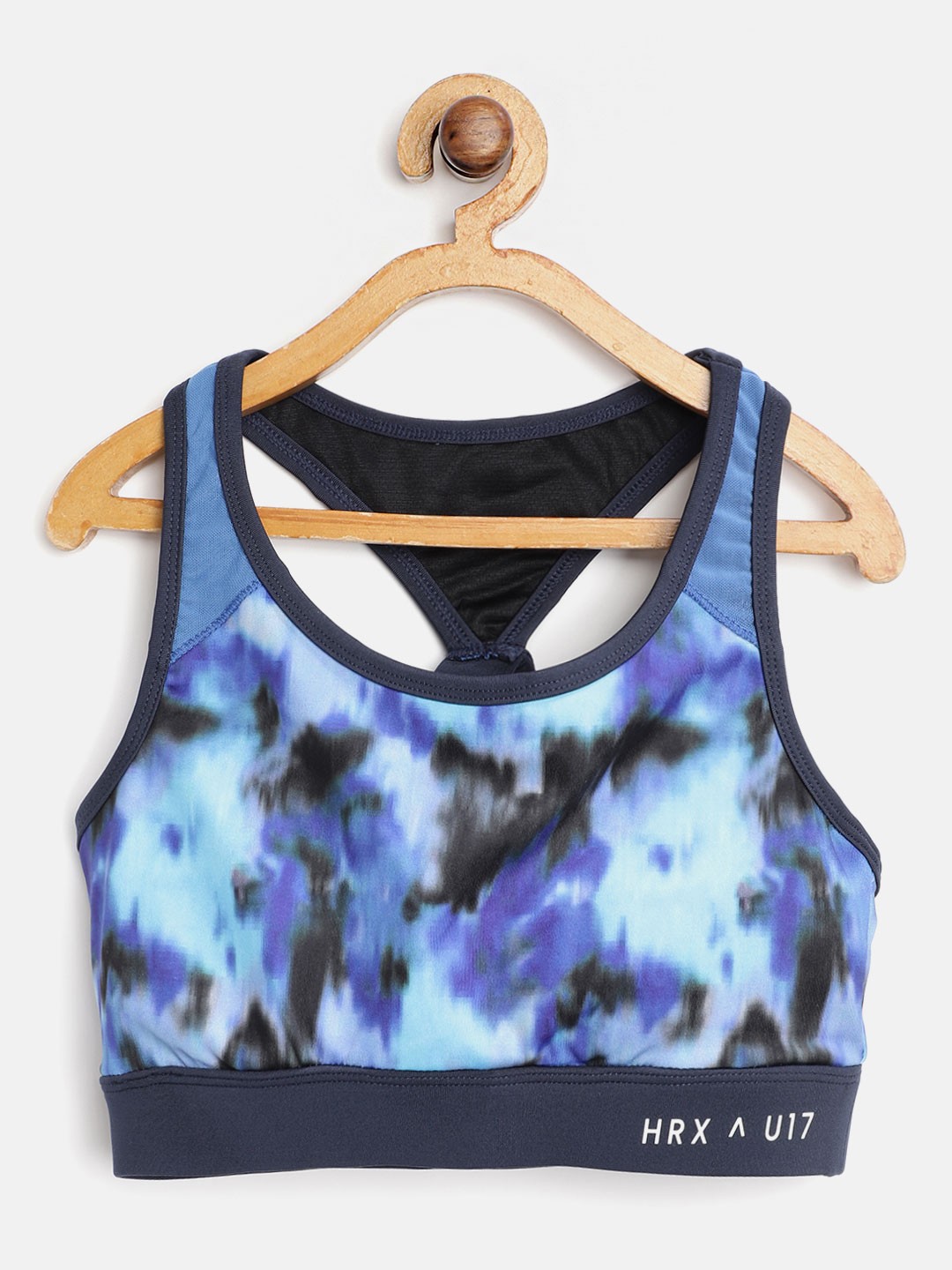 

HRX By Hrithik Roshan U-17 Girls Optic White & Strong Blue AOP Lycra Rapid-Dry Antimicrobial Active Sports Bra