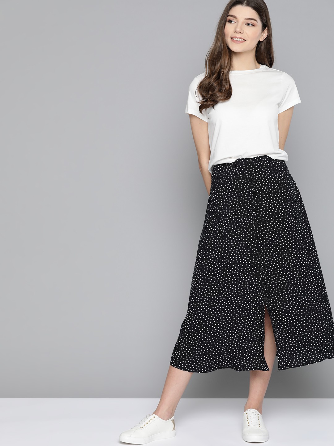 

Mast & Harbour Women Black & White Polka Dots Printed Front Slit A-line Midi Skirt