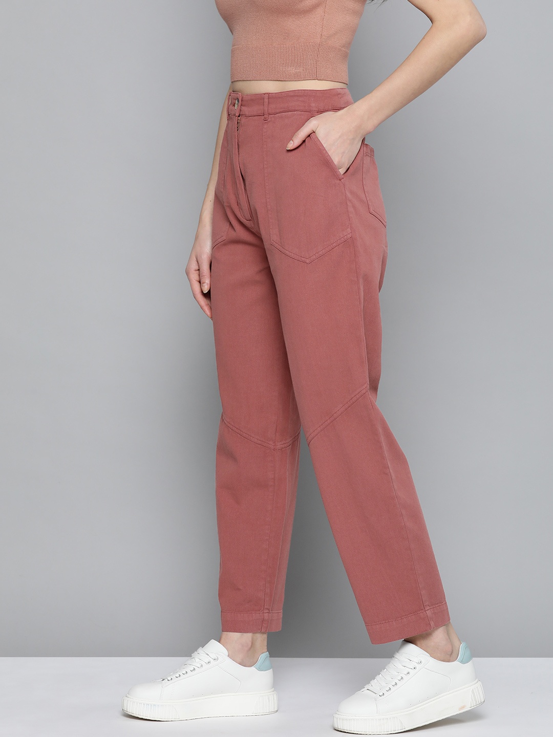 

Mast & Harbour Women Brick Red Pure Cotton Regular Fit Solid Trousers