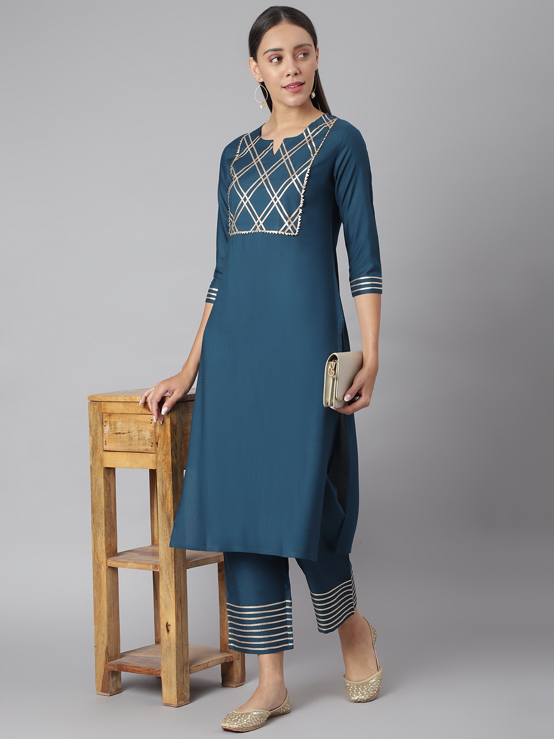 

Khushal K Women Navy Blue Yoke Design Panelled Gotta Patti Kurta with Palazzos