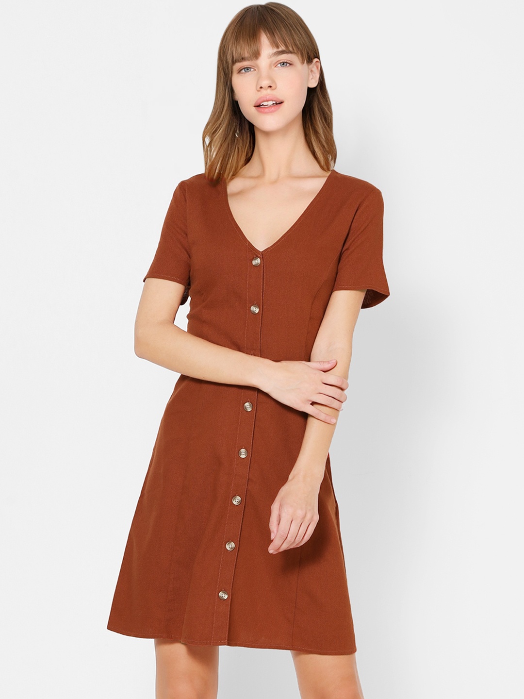 

ONLY Women Brown Solid Button Detailed A-Line Dress