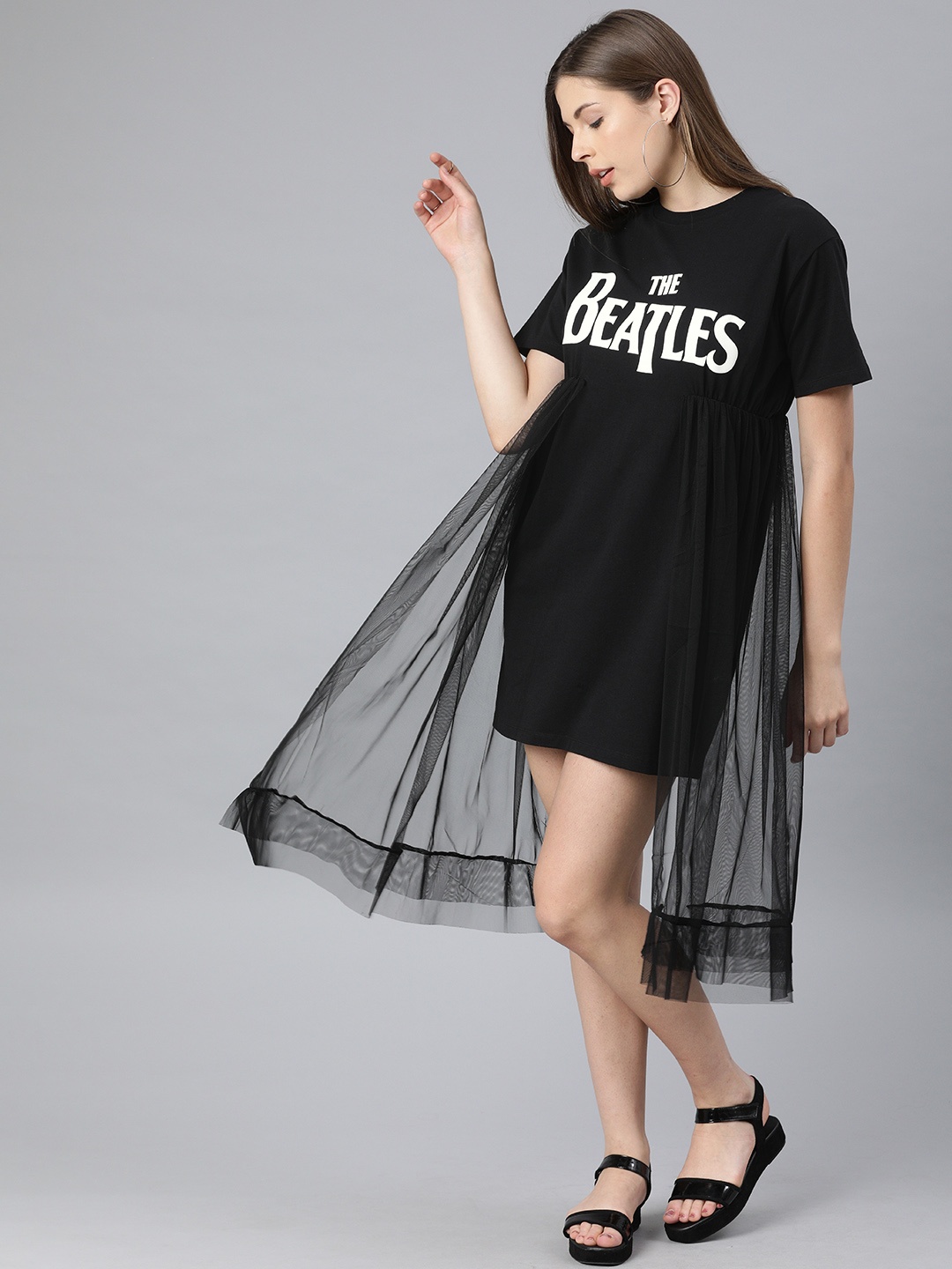 

ONLY Women Black Beatles Printed T-shirt Dress with Layered Detail