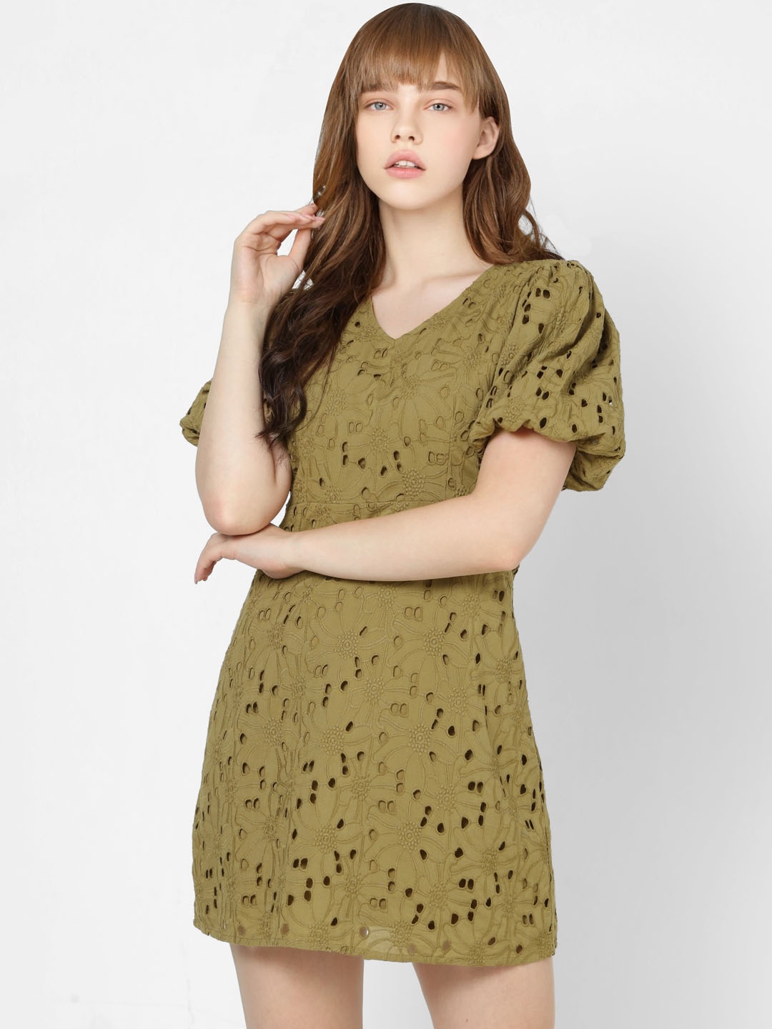 

ONLY Women Olive Green Self Design A-Line Dress