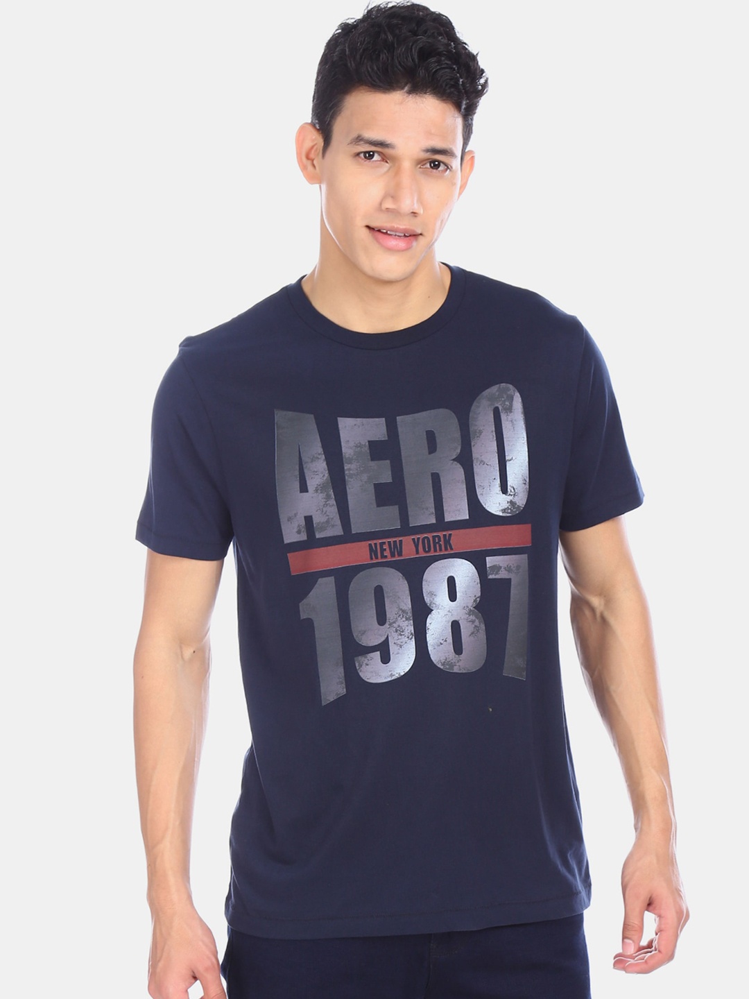 

Aeropostale Men Blue Printed Round Neck Pure Cotton T-shirt