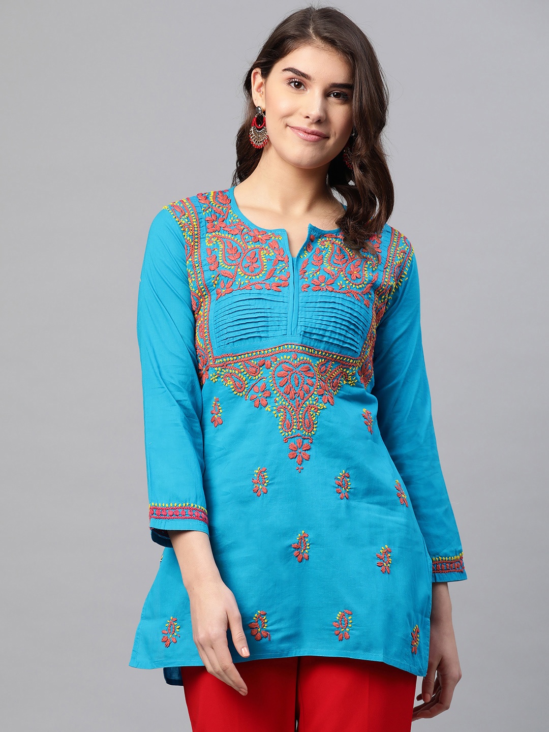 

ADA Women Blue & Red Chikankari Embroidered Pure Cotton Straight Sustainable Handloom Kurti