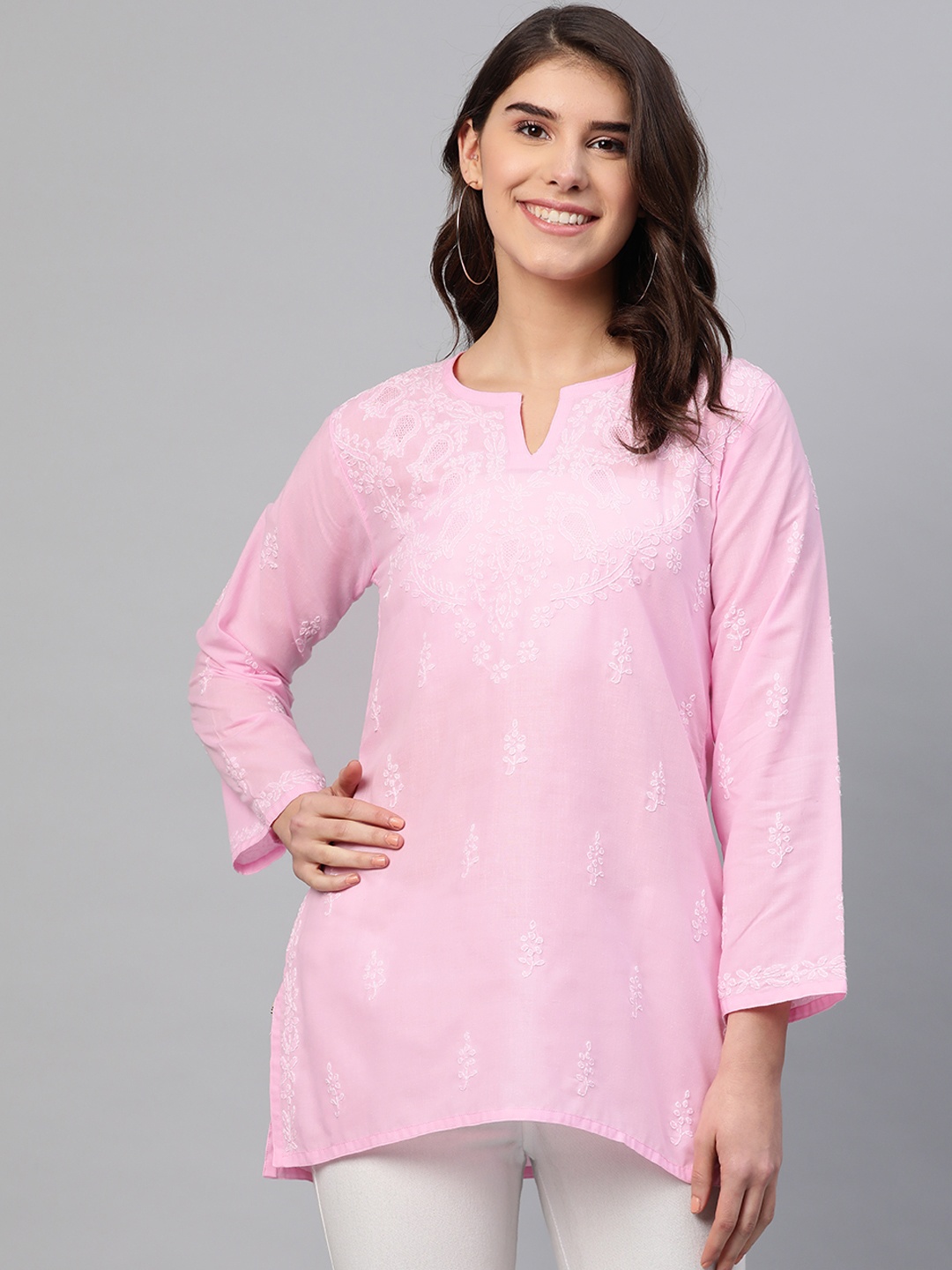 

ADA Women Pink & White Chikankari Embroidered Pure Cotton Straight Handloom Kurti