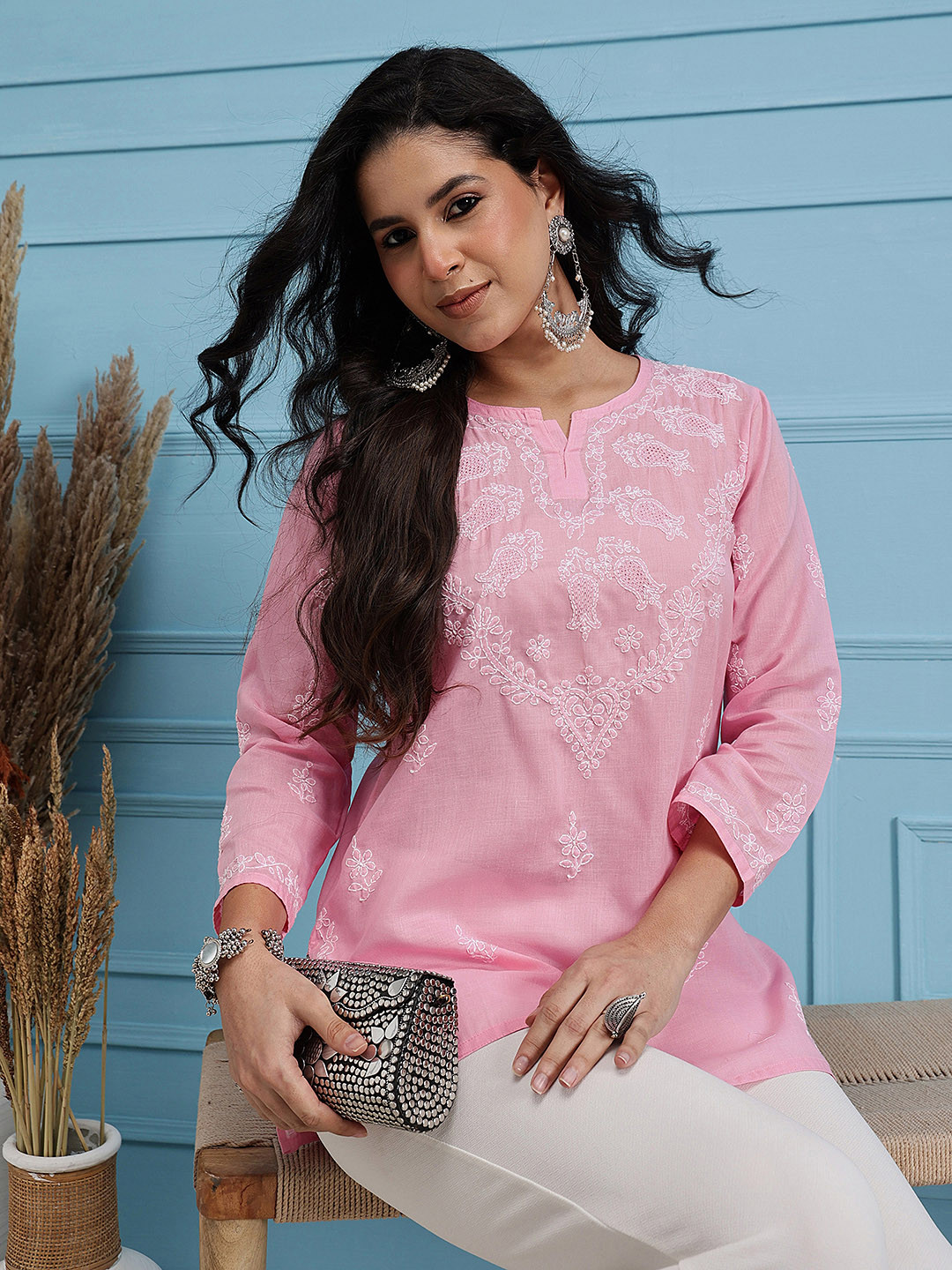 ADA Women Pink & White Chikankari Embroidered Pure Cotton Straight Handloom Kurti