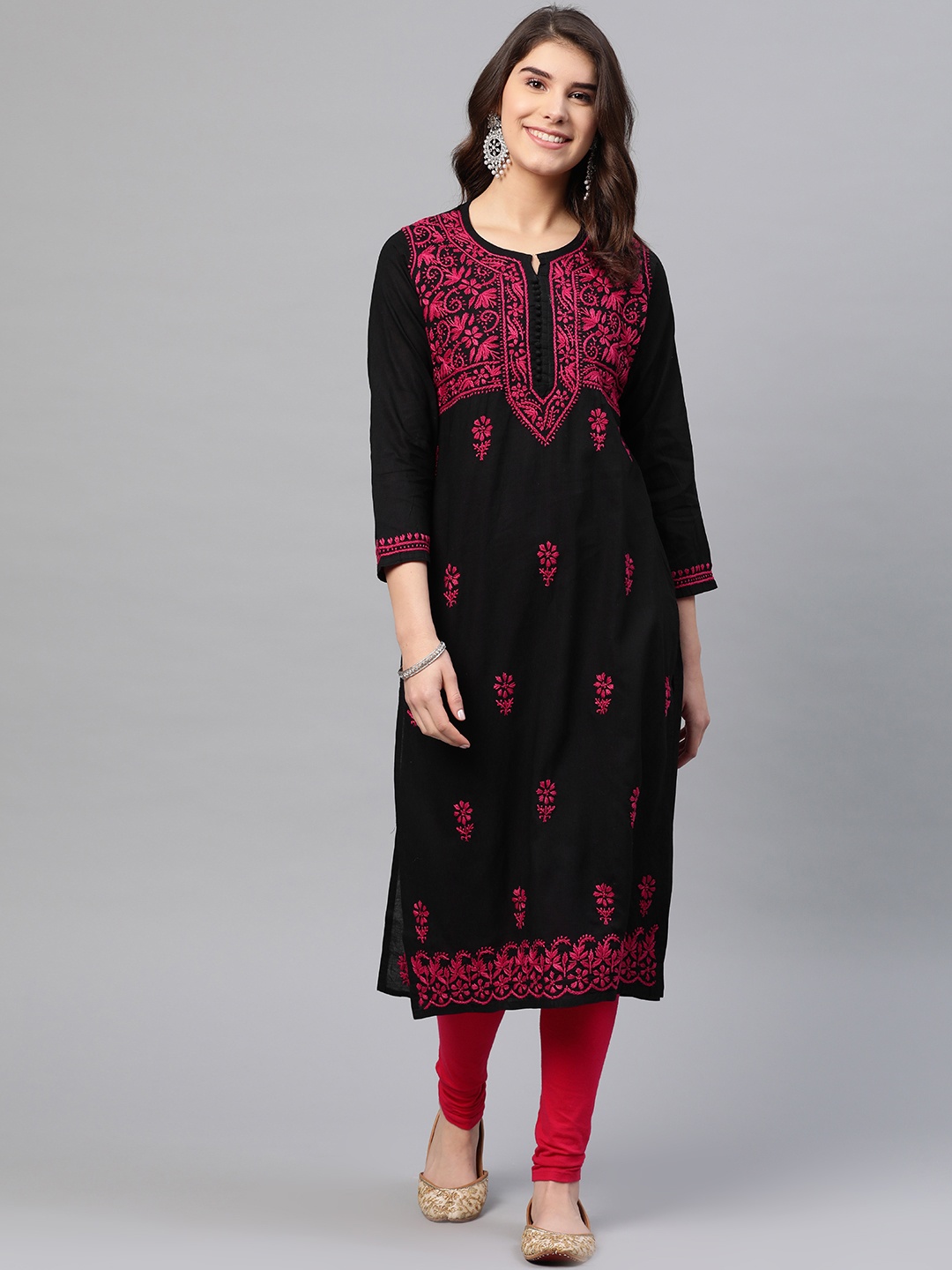 

ADA Women Black & Magenta Chikankari Hand Embroidered Straight Handloom Kurta