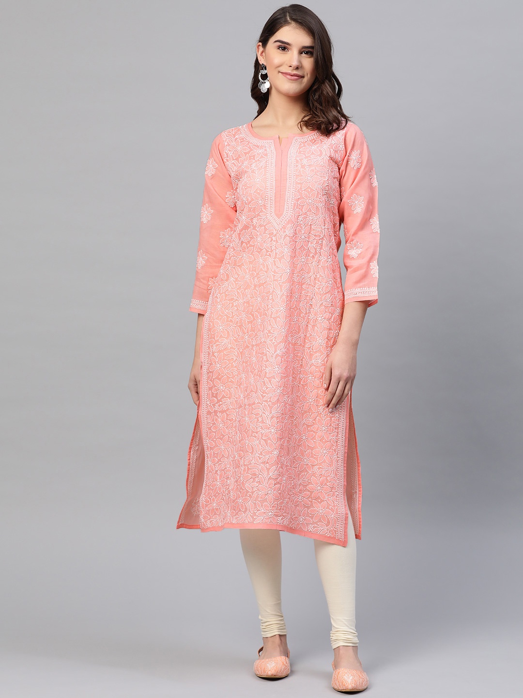 

ADA Women Peach-Coloured & White Chikankari Embroidered Straight Handloom Kurta