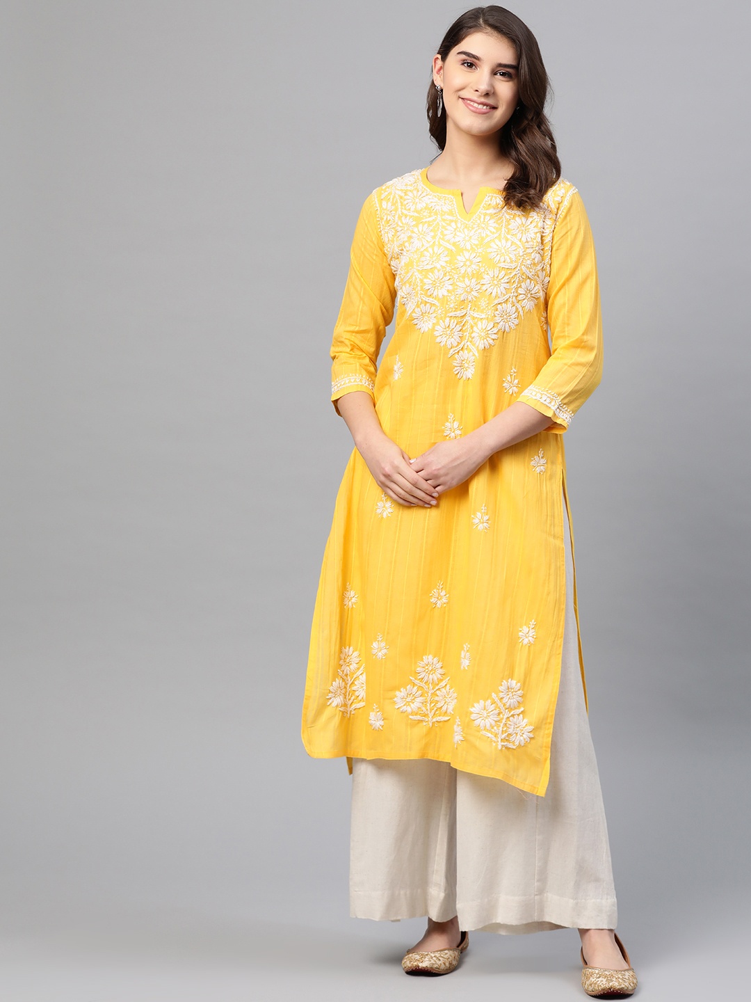 

ADA Women Yellow & White Chikankari Hand Embroidered Straight Sustainable Kurta