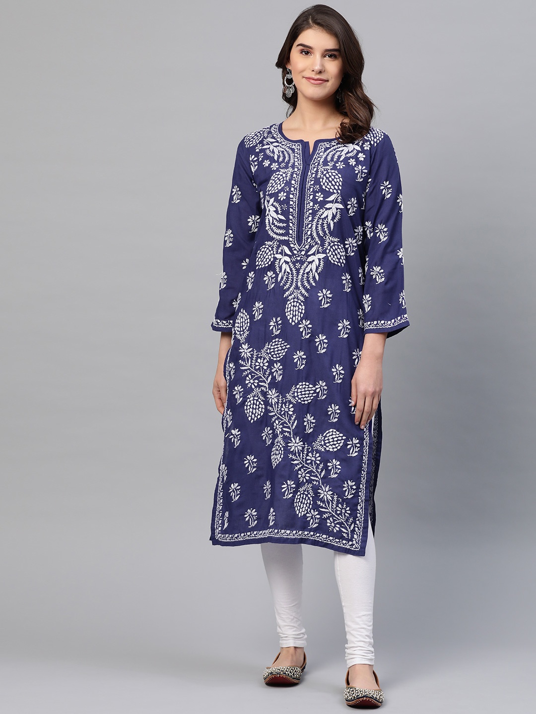 

ADA Women Navy Blue & White Chikankari Embroidered Straight Sustainable Kurta