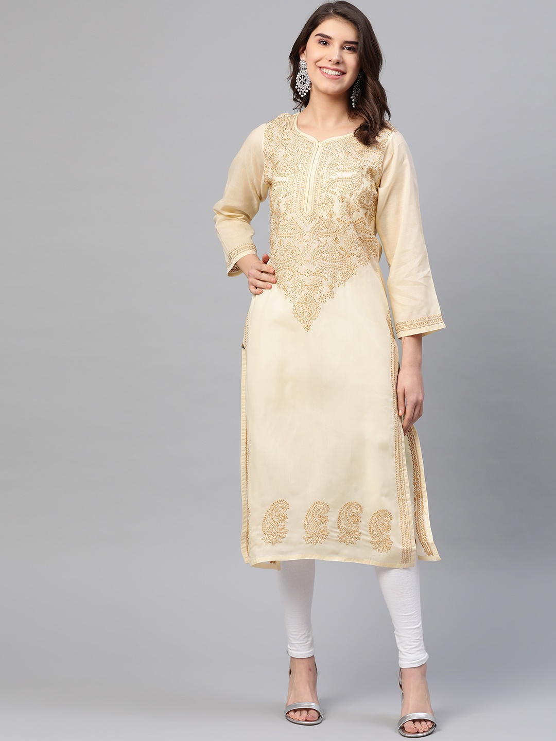 

ADA Women Beige Yoke Design Chikankari Embroidered Straight Handloom Kurta