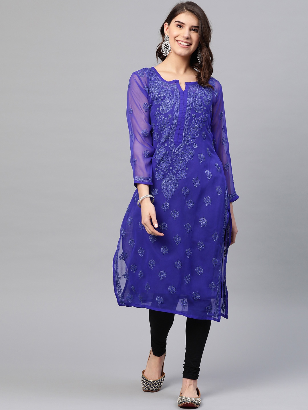 

ADA Women Blue Chikankari Hand Embroidered Semi-Sheer Straight Kurta With Slip