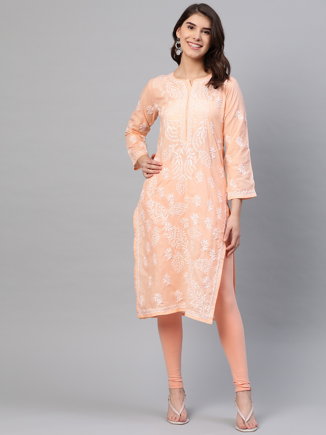 

ADA Women Peach-Coloured & White Chikankari Embroidered Straight Sustainable Kurta