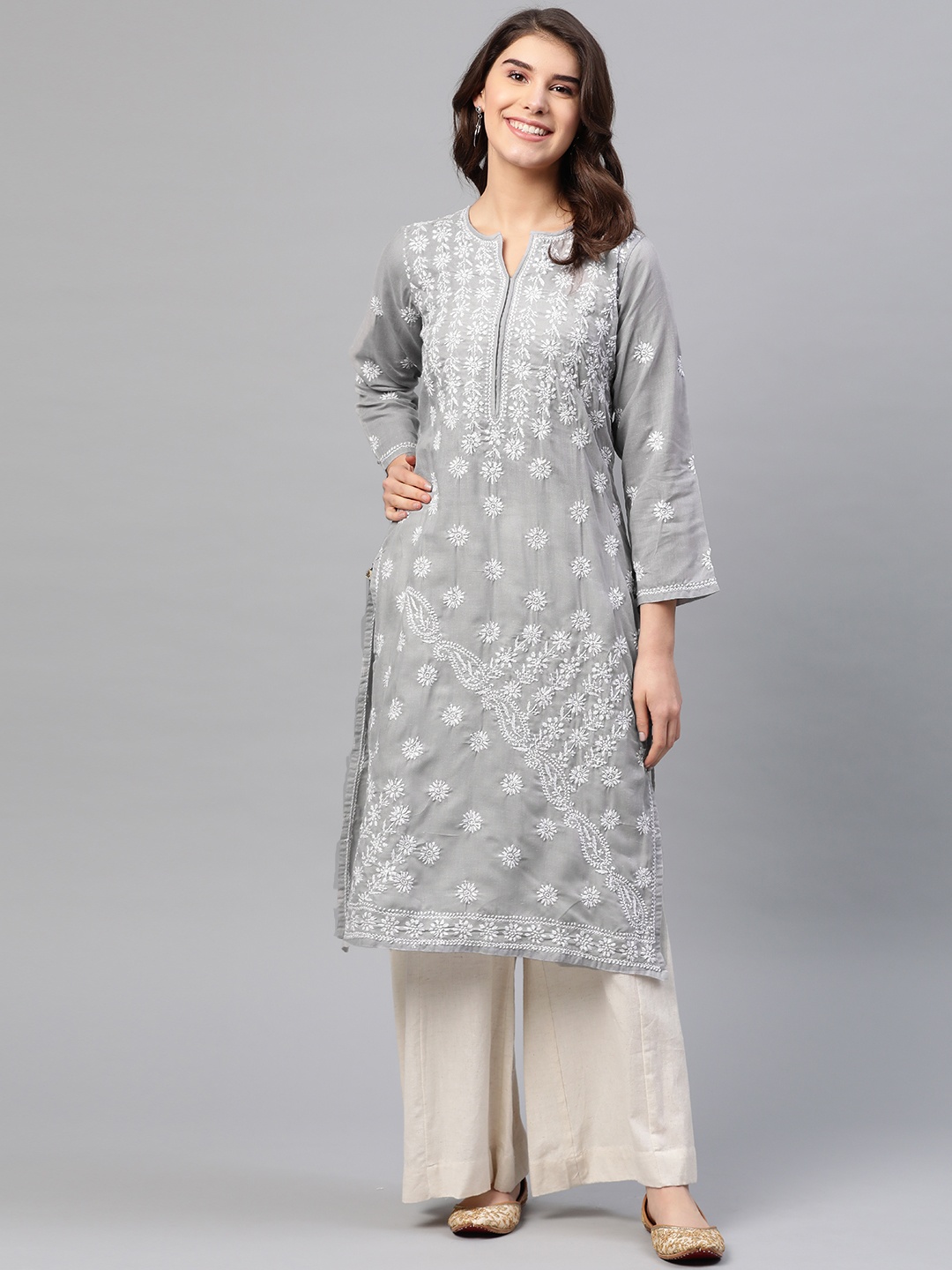 

ADA Women Grey & White Chikankari Embroidered Straight Kurta