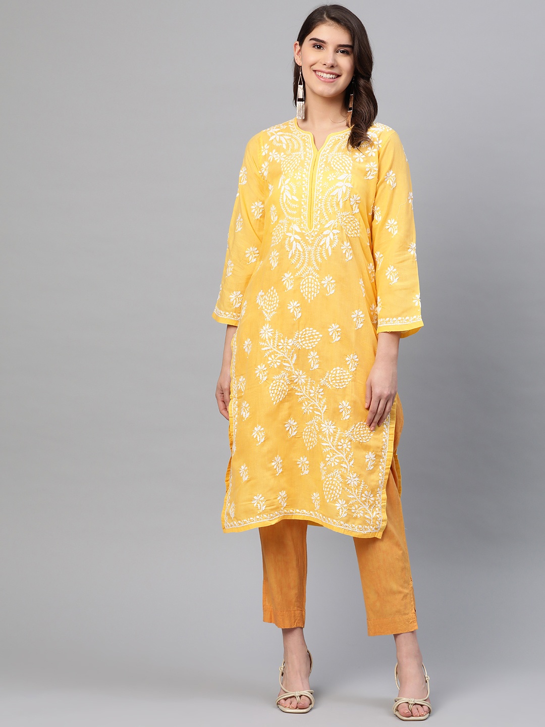 

ADA Women Yellow & White Chikankari Embroidered Straight Sustainable Handloom Kurta