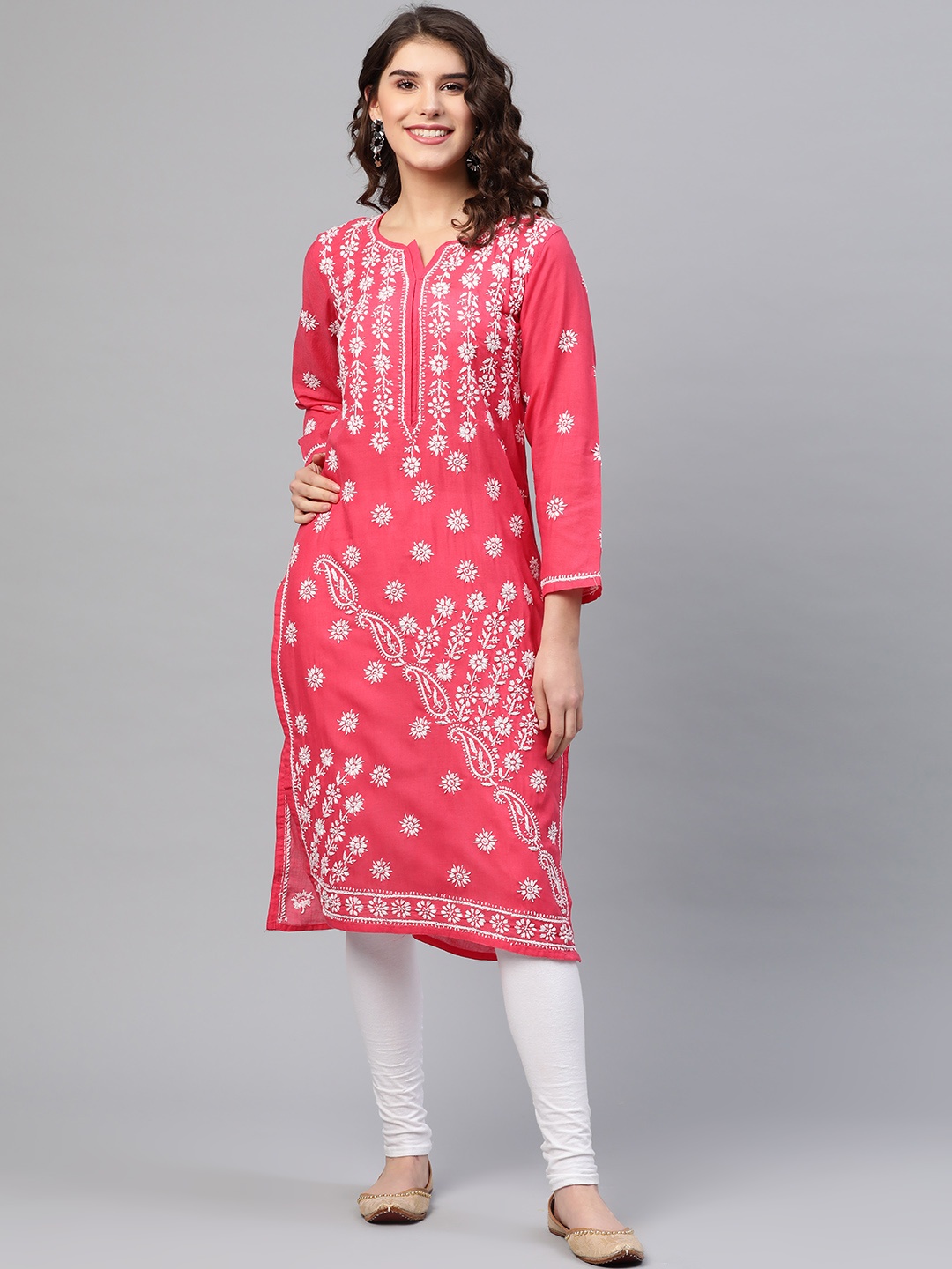 

ADA Women Coral Pink & White Chikankari Embroidered Pure Cotton Straight Sustainable Kurta