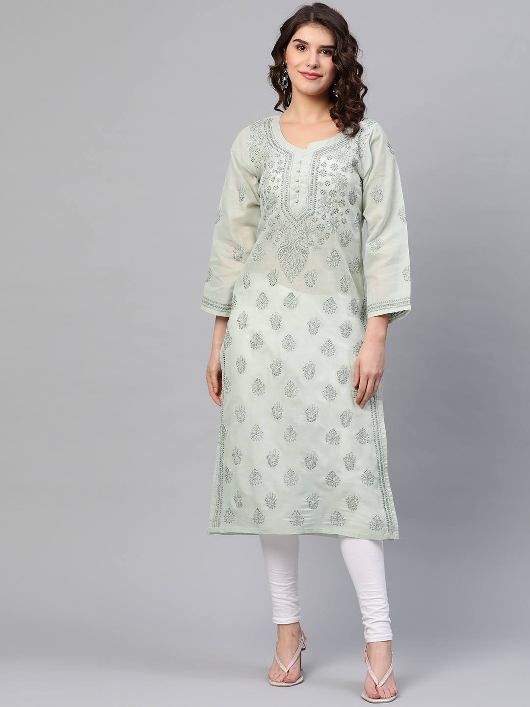 

ADA Women Green Chikankari Embroidered Pure Cotton Straight Sustainable Handloom Kurta