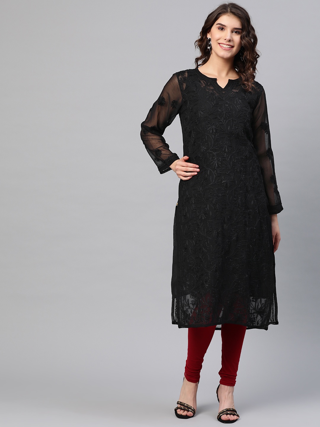 

ADA Women Black Chikankari Hand Embroidered Semi-Sheer Straight Sustainable Kurta With Slip