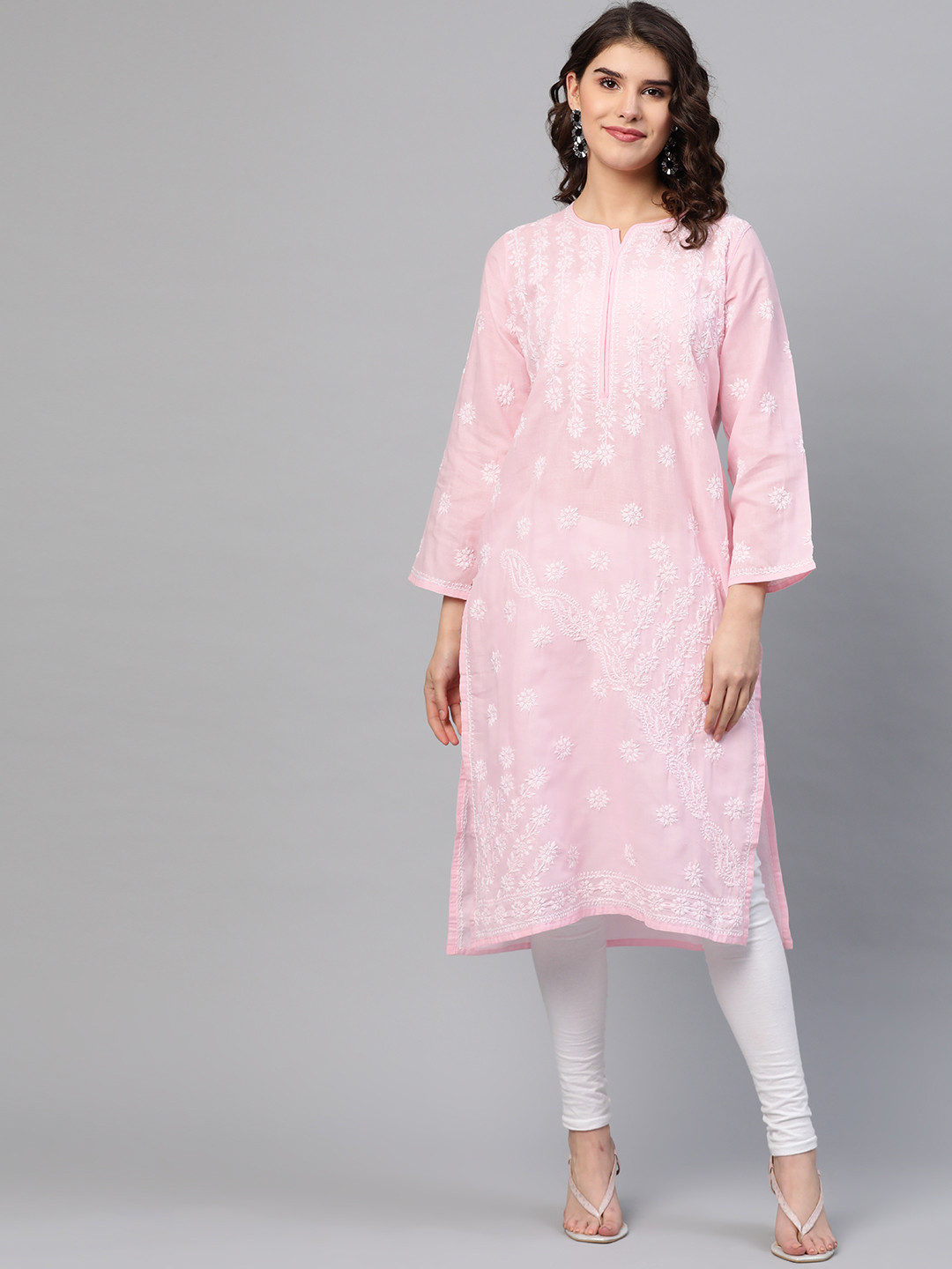 

ADA Women Pink & White Chikankari Embroidered Pure Cotton Straight Sustainable Kurta