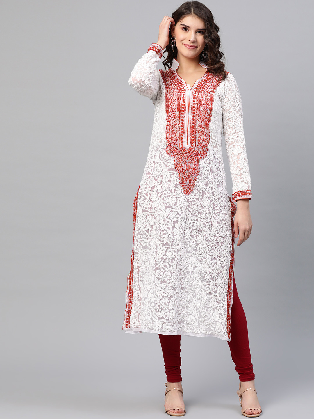 

ADA Women White & Rust Brown Chikankari Embroidered Straight Sustainable Handloom Kurta