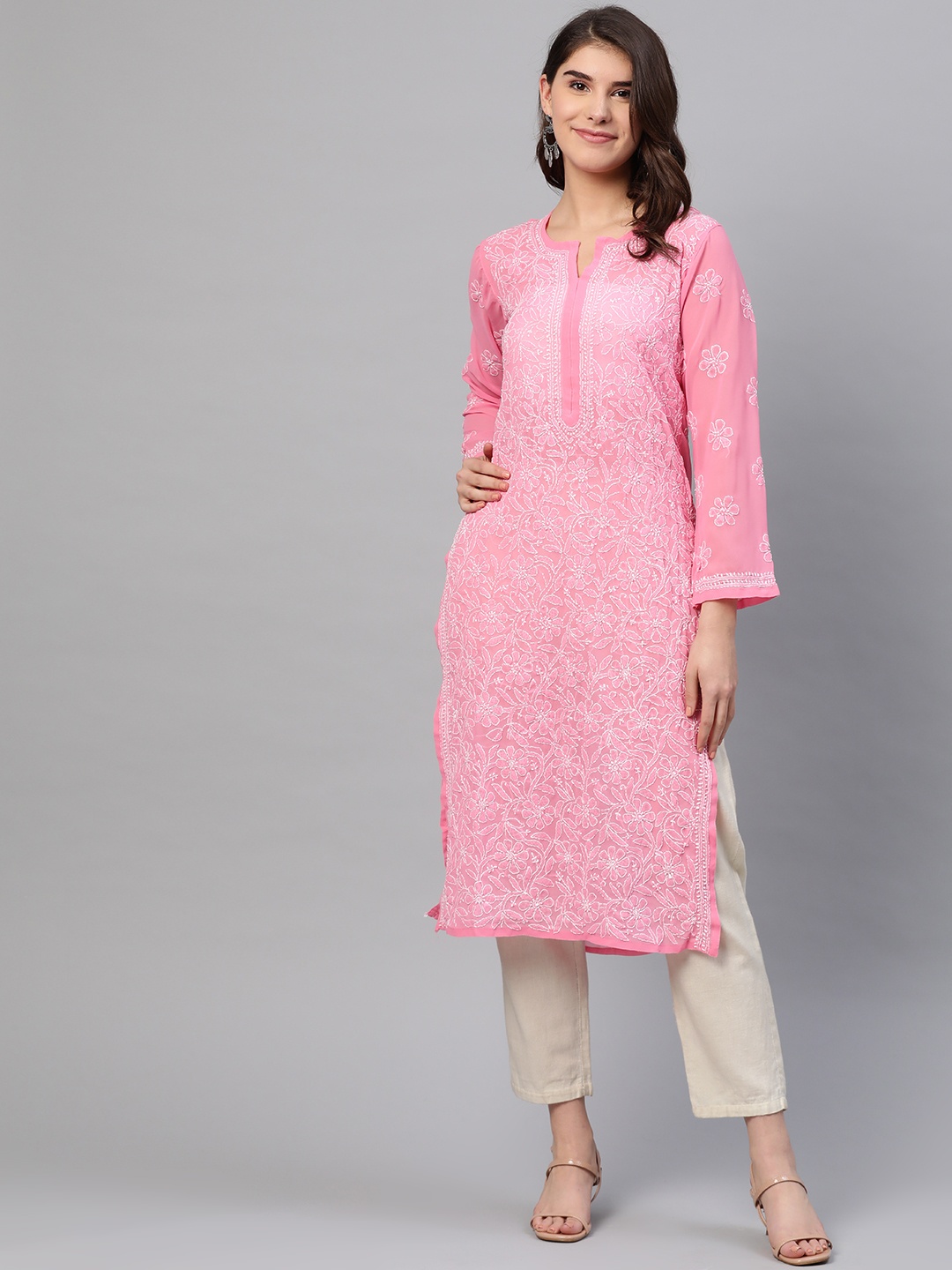 

ADA Women Pink & White Chikankari Embroidered Straight Handloom Kurta