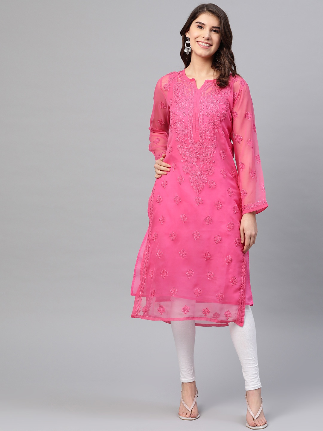 

ADA Women Pink Chikankari Embroidered Straight Kurta with Inner