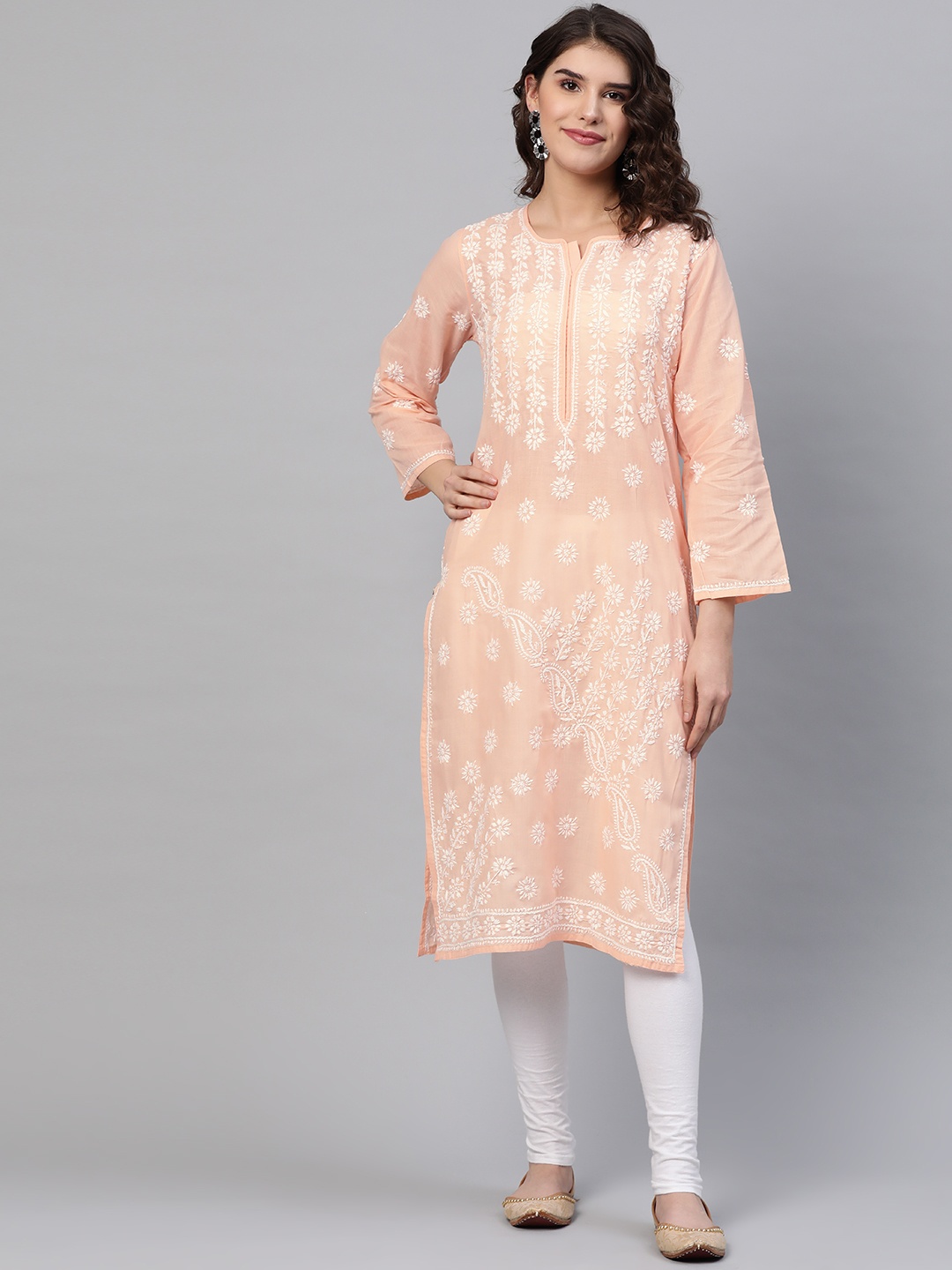 

ADA Women Peach-Coloured & White Chikankari Embroidered Cotton Straight Kurta