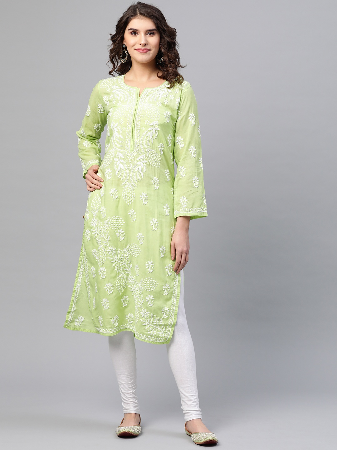 

ADA Women Green & White Chikankari Embroidered Cotton Straight Kurta